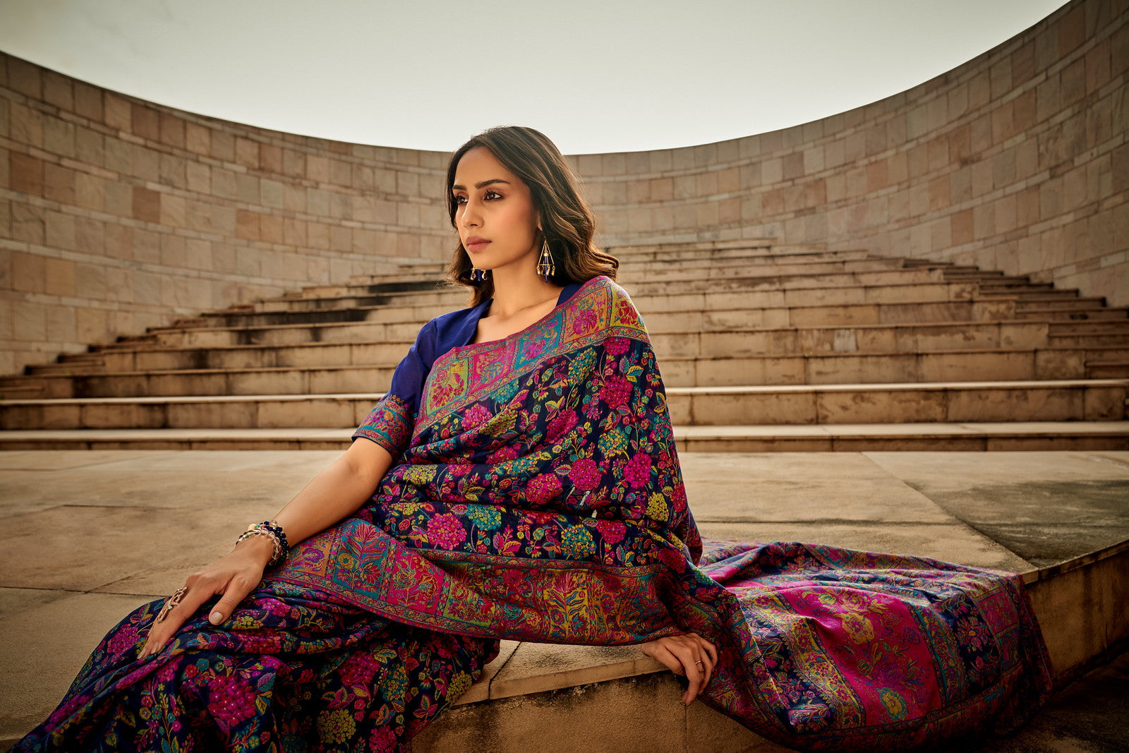 Cloudy Dark Blue Woven Kashmiri Jamewar Silk Saree