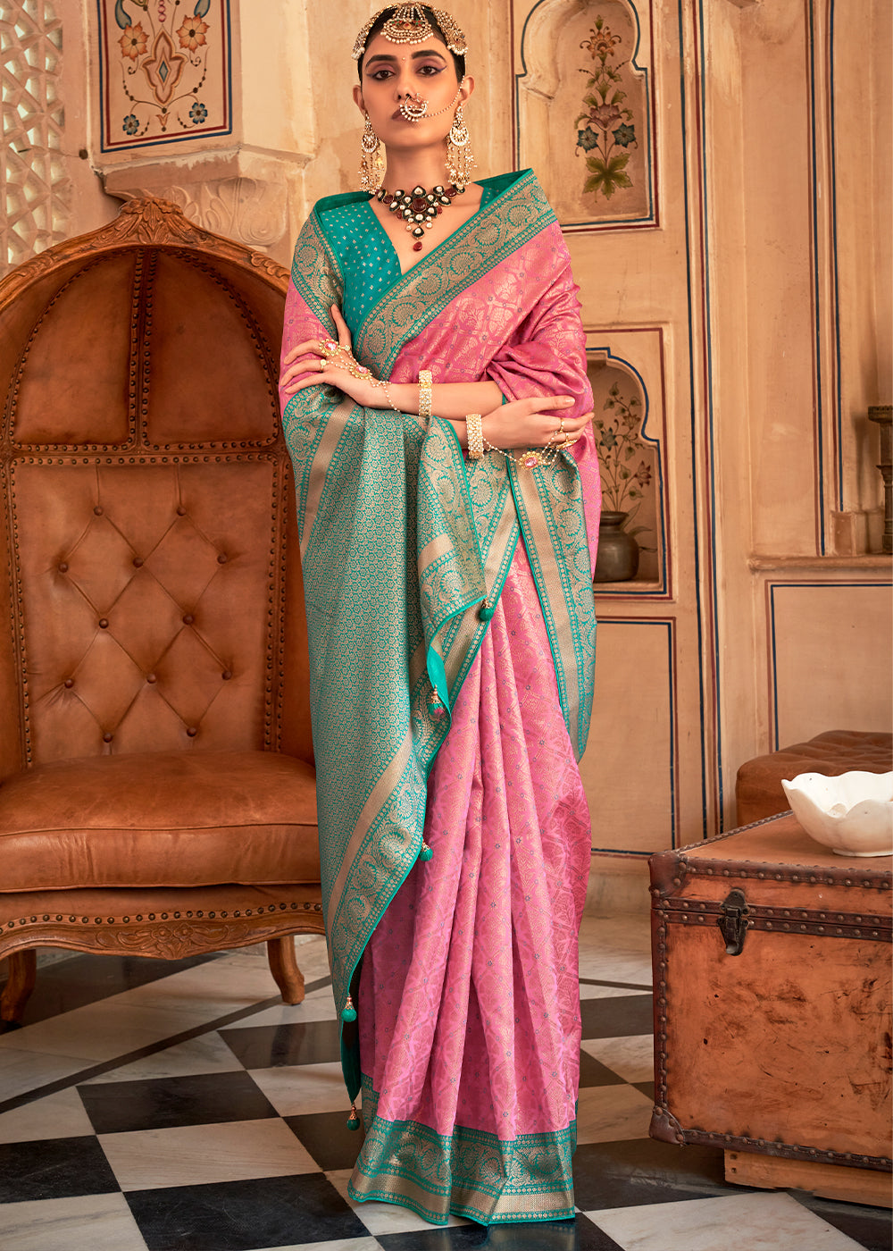 Chestnut Rose Pink Zari Woven Banarasi Silk Saree