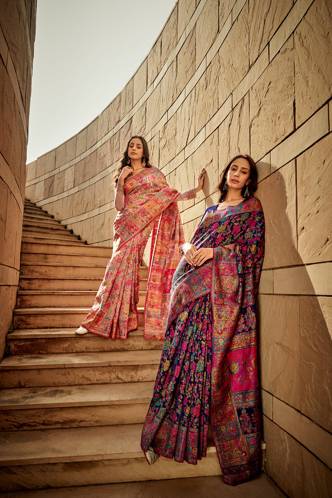 Cloudy Dark Blue Woven Kashmiri Jamewar Silk Saree