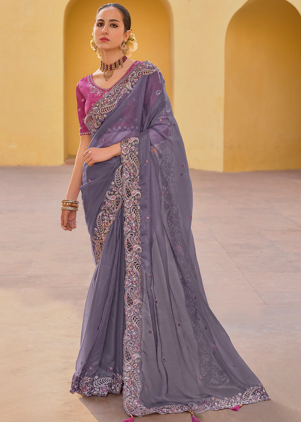 Salt Box Grey Tissue Organza Embroidered Silk Saree