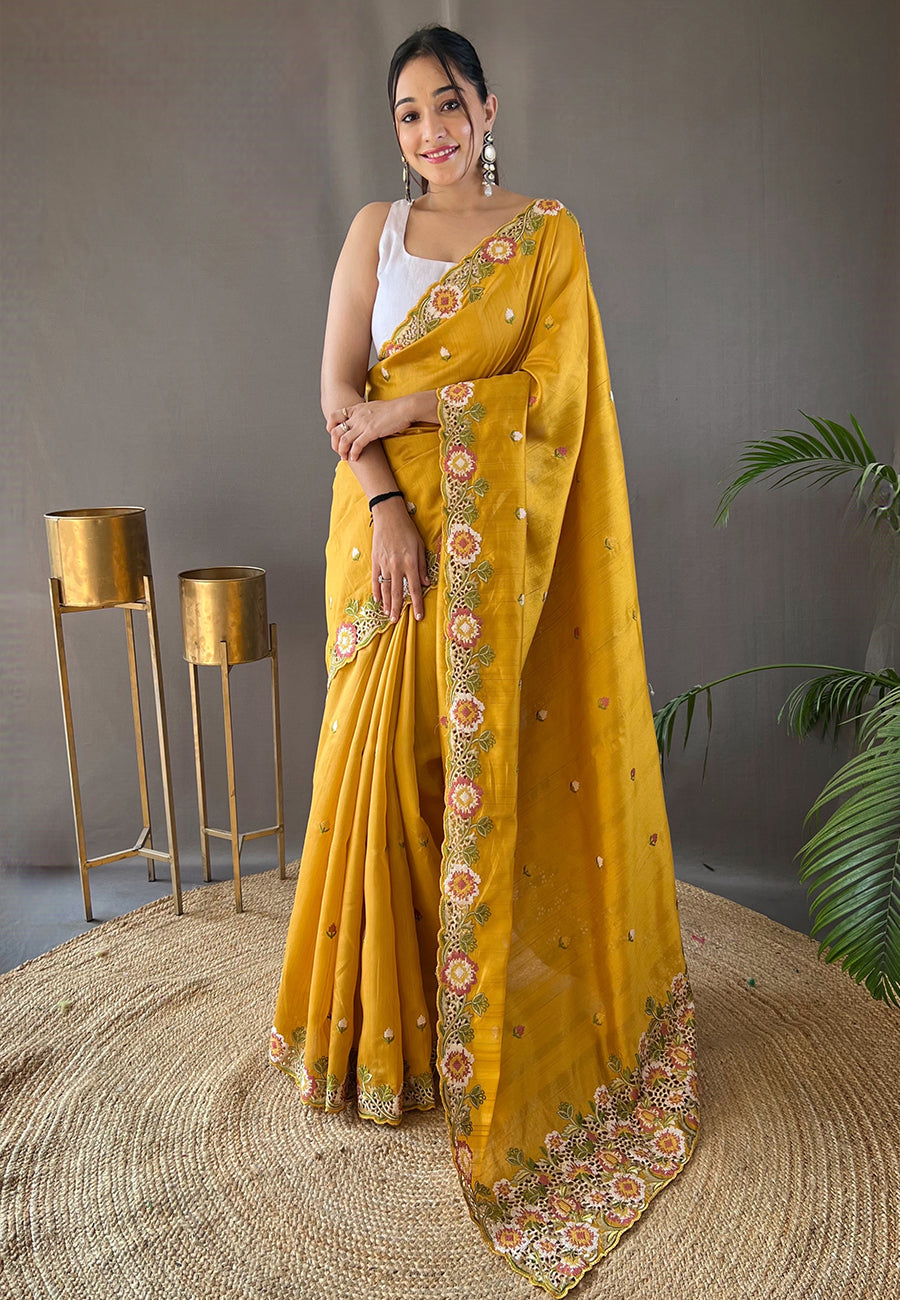 Golden Grass Yellow Embroidered Tussar Silk Saree