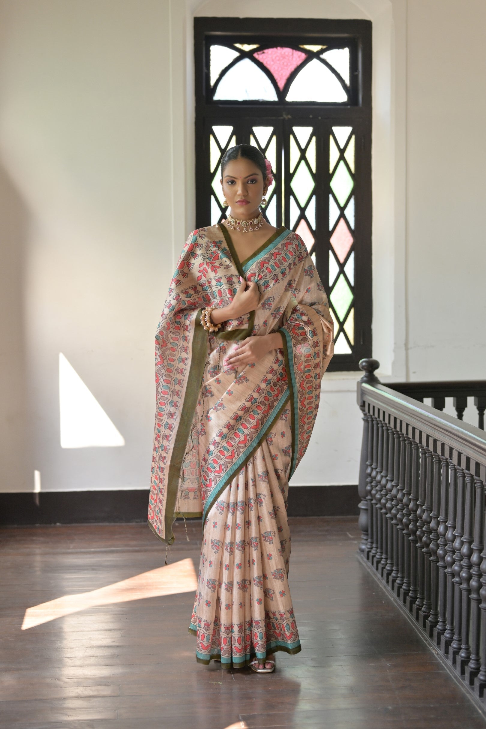 Akaroa Cream and Green Madhubani Printed Tussar Silk Saree