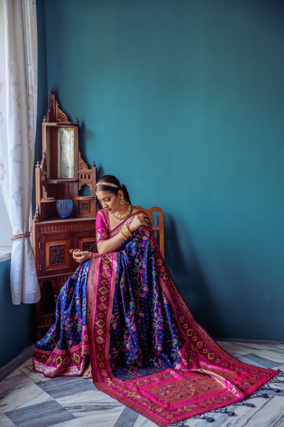 Navy Blue Patola Fusion Paithani Silk Saree