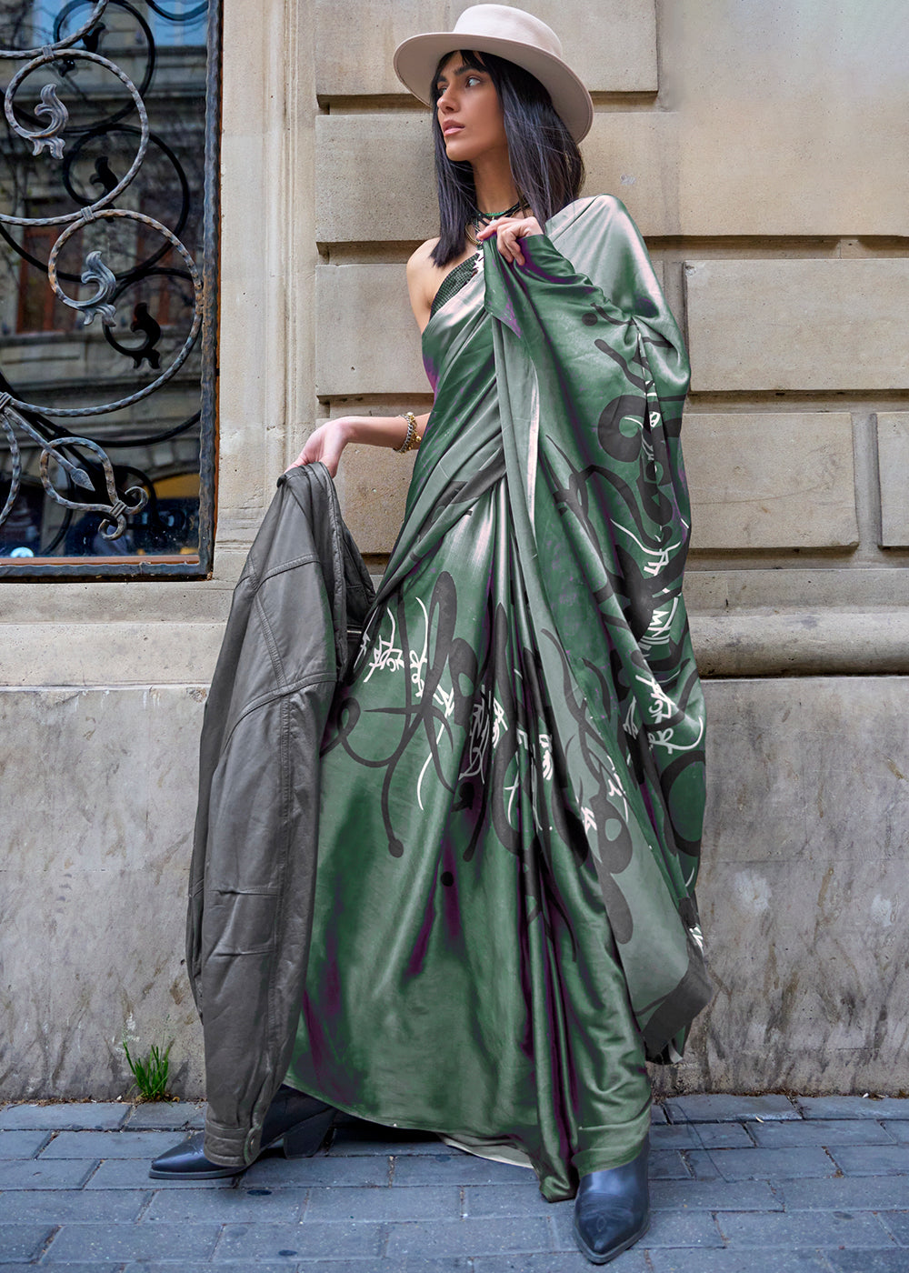 Corduroy Green Printed Satin Silk Saree