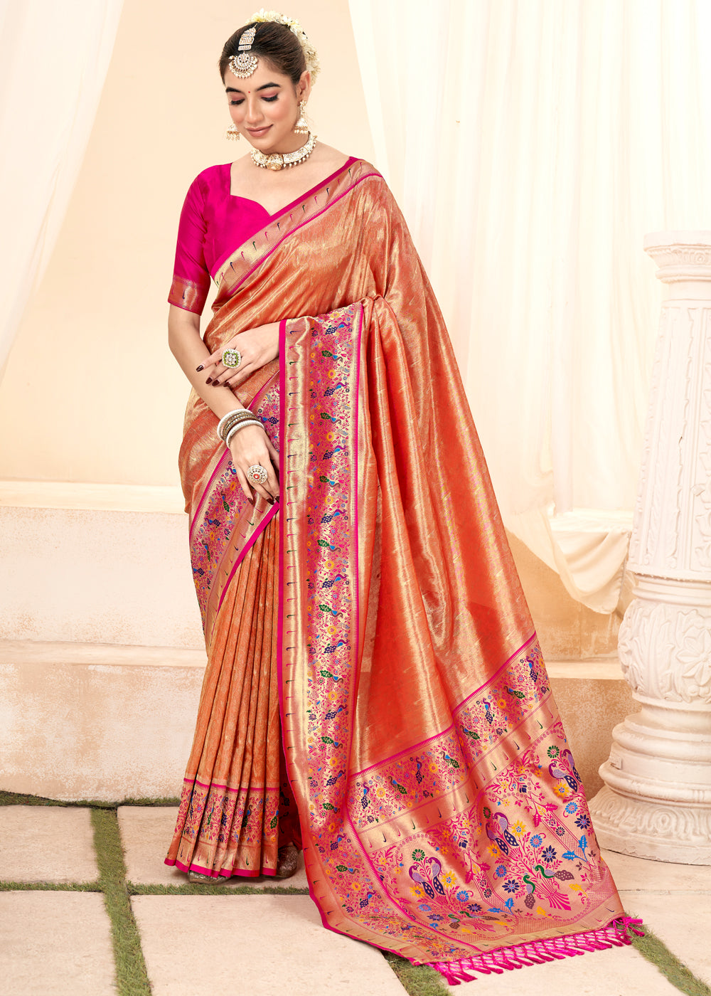 Burnt Sienna Orange Woven Paithani Tissue Silk Saree