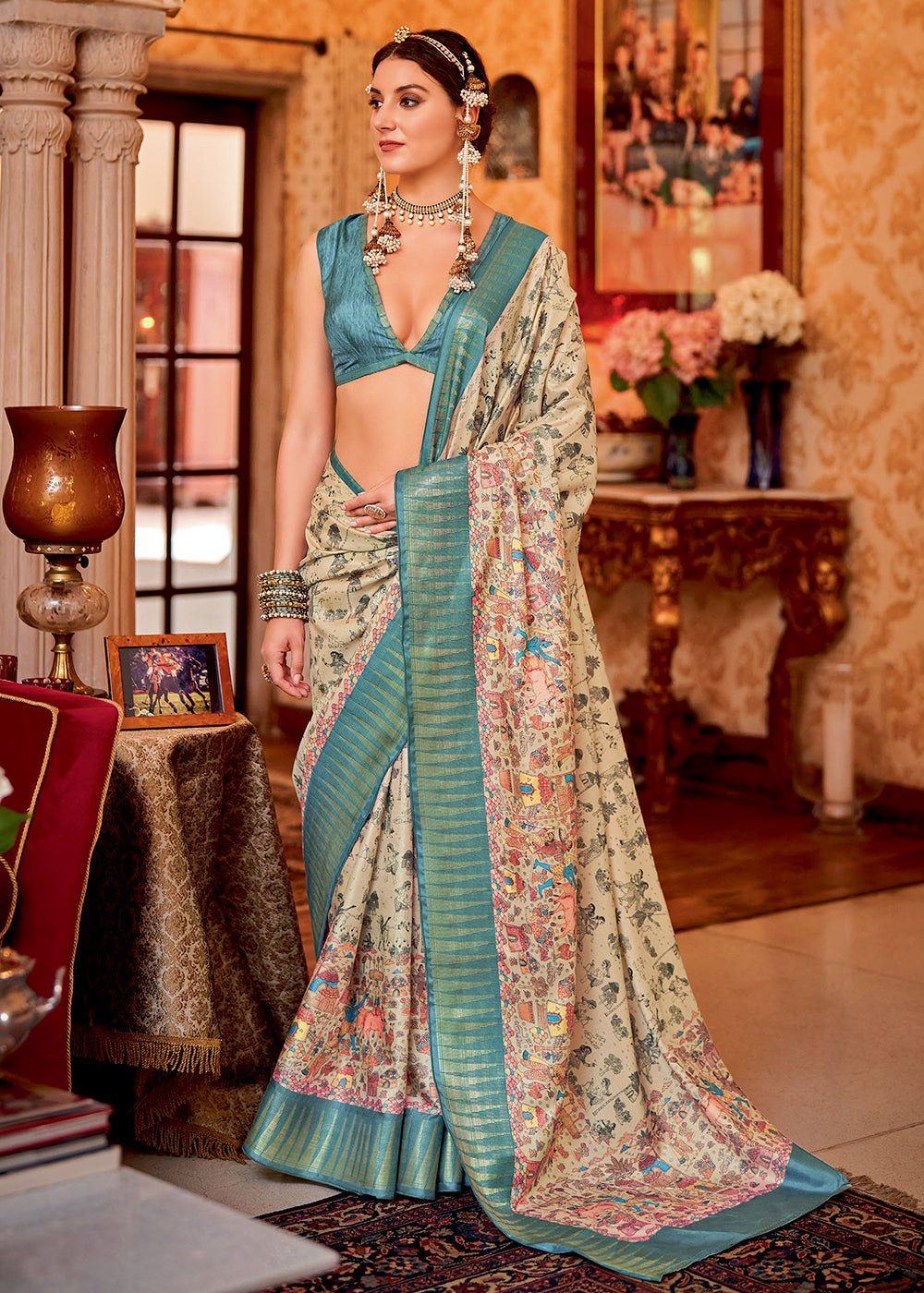 Orleans Cream and Blue Manipuri Temple Printed Silk Saree