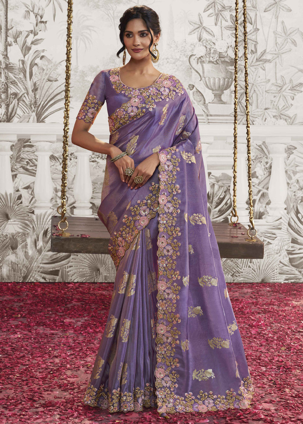 Amethyst Purple Embroidered Designer Silk Saree