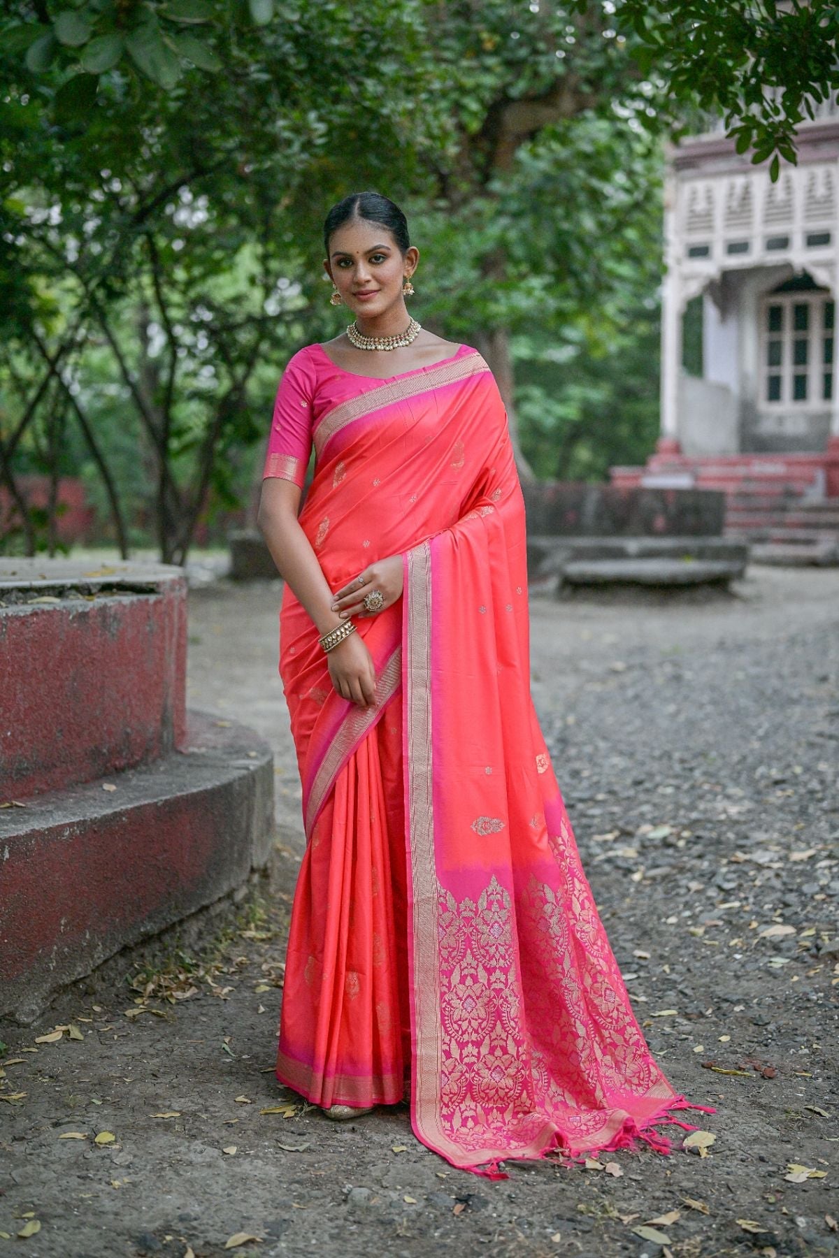 Fiery Rose Orange Banarasi Soft Silk Saree