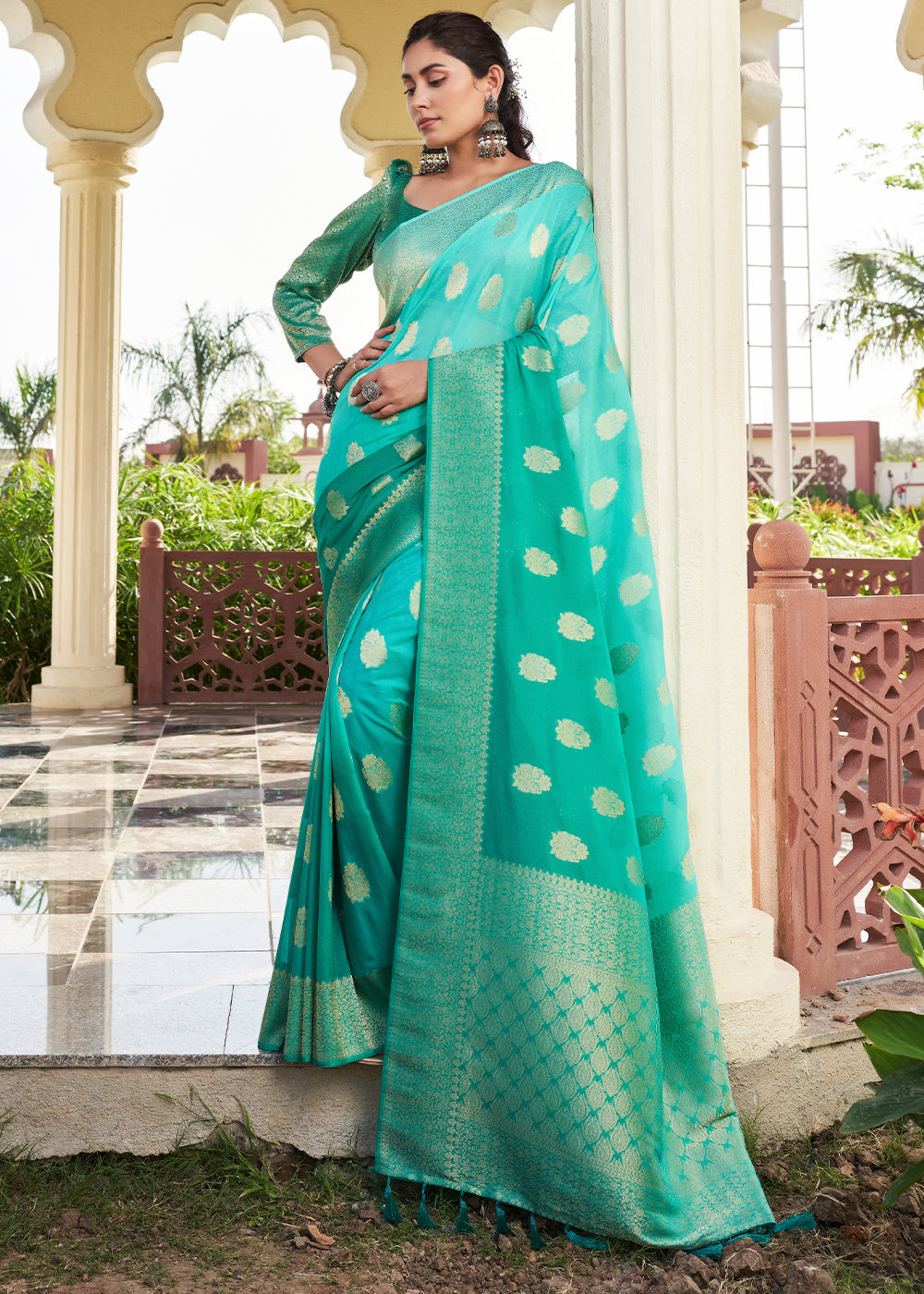 Robins Egg Blue Zari Woven Georgette Saree