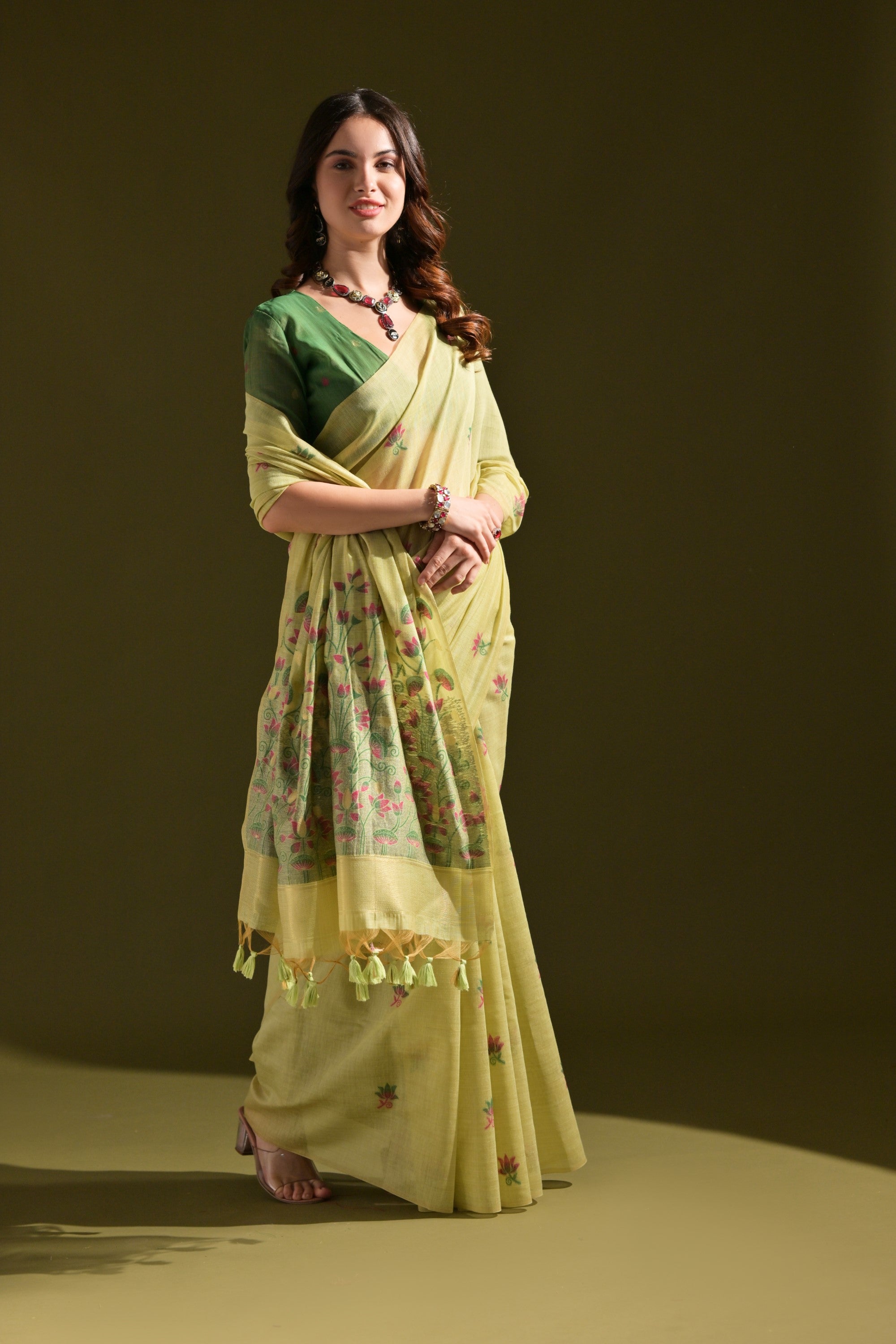 Driftwood Green Meenakari Woven Muga Cotton Saree