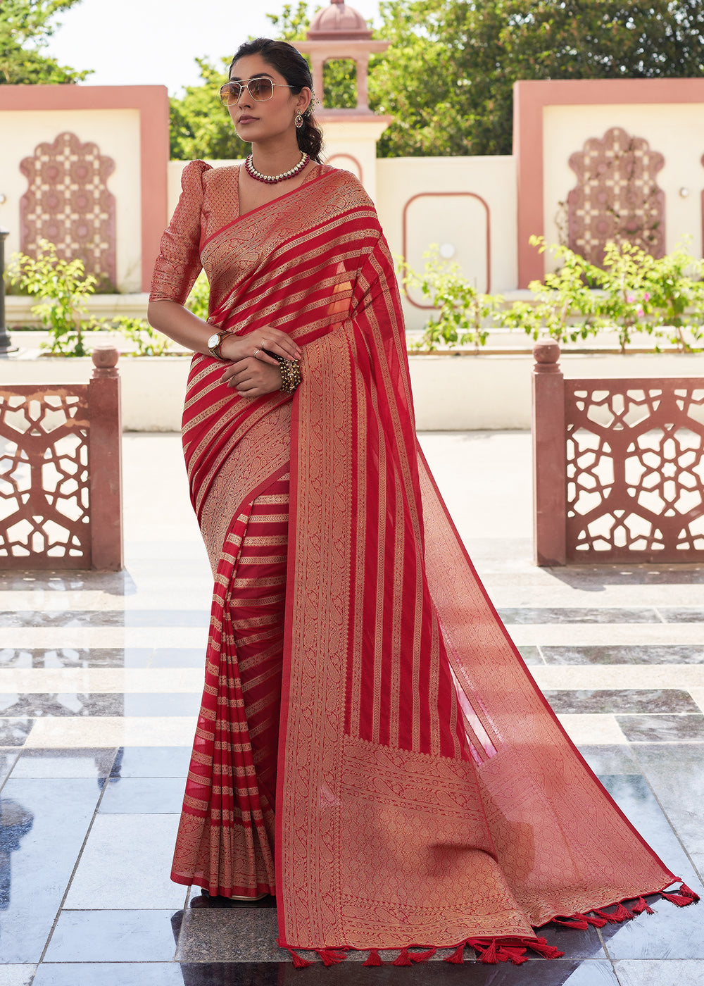 Stiletto Red Woven Lehriya Georgette Saree