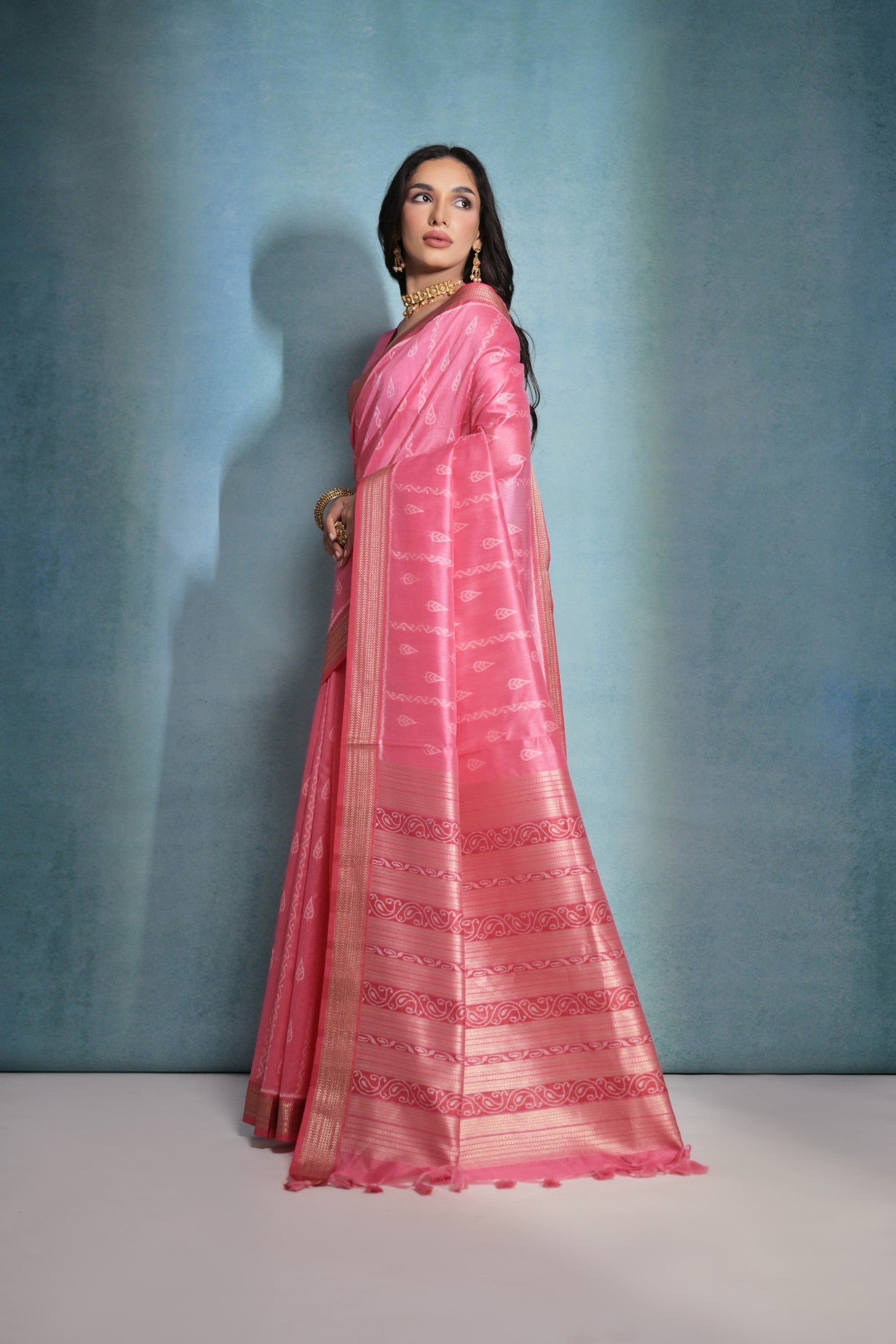 Pink Salmon Ikkat Woven Raw Silk Saree