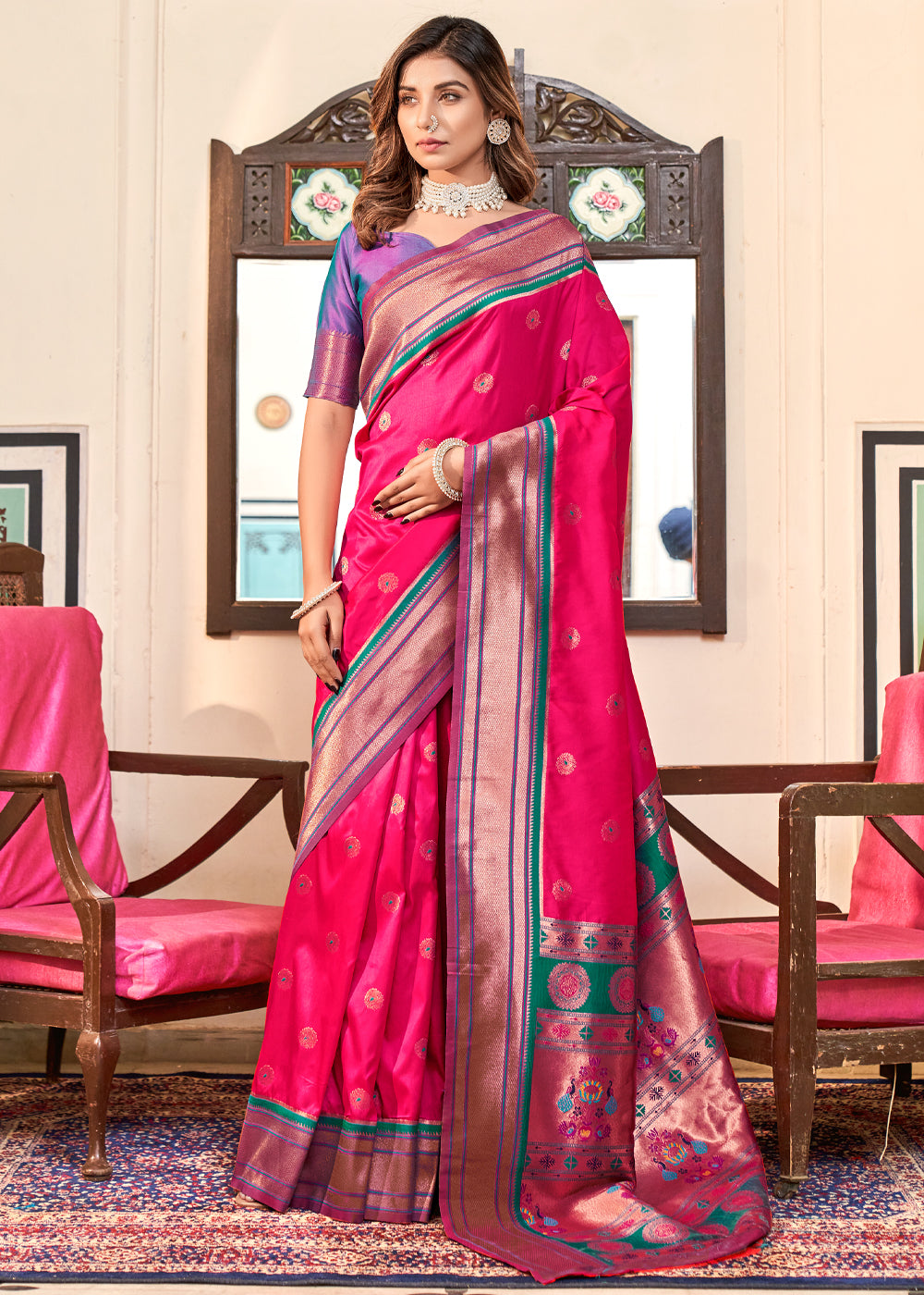 Bright Pink Woven Paithani Soft Silk Saree