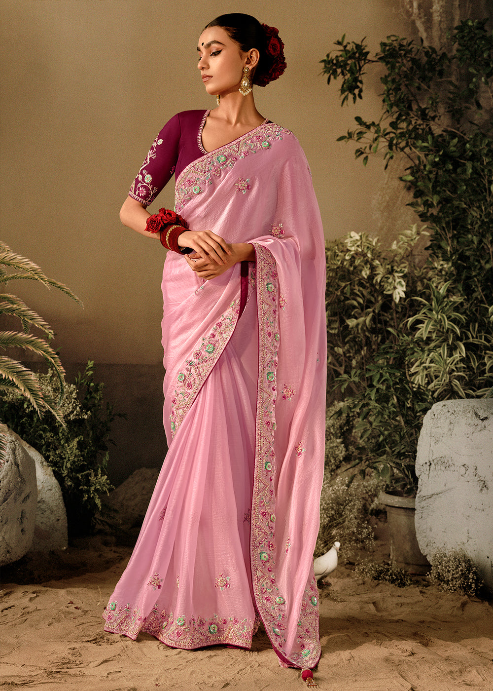 Shilo Pink Embroidery Designer Banarasi Dola Silk Saree