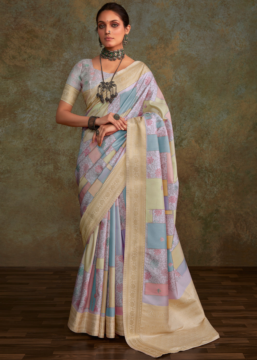 Juniper Blue Shade Digital Printed Soft Silk Saree