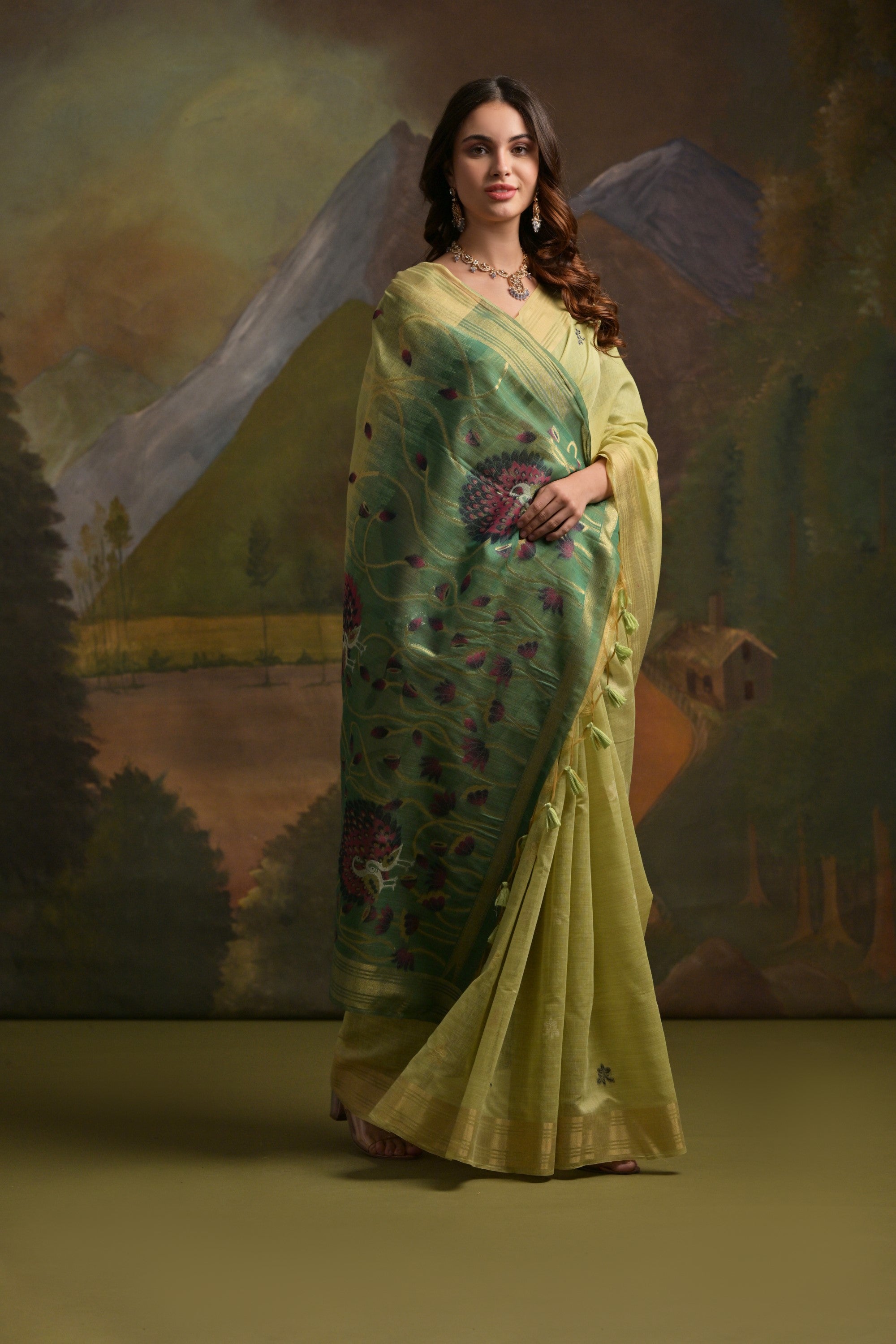 Kelly Green Pichwai Woven Muga Cotton Saree