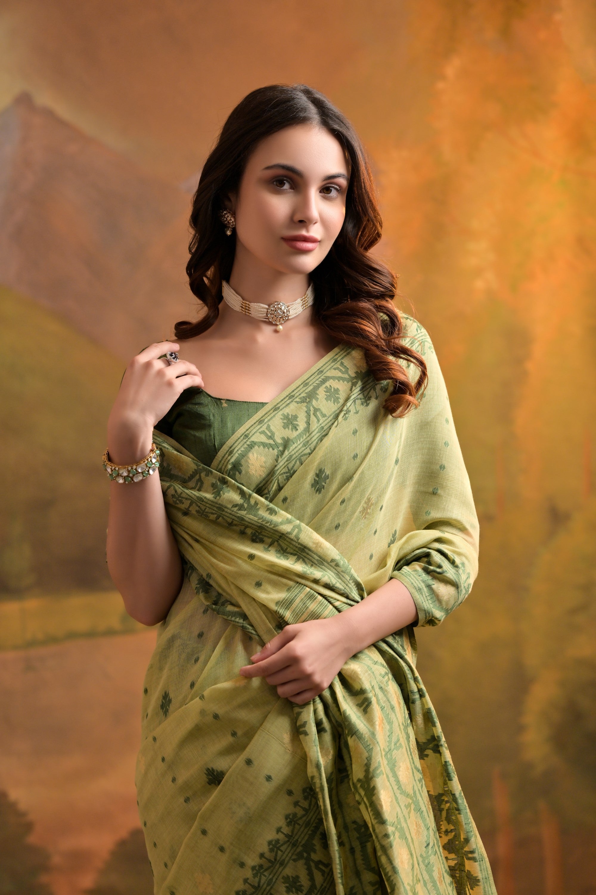 Green Smoke Jamdani Woven Muga Cotton Saree