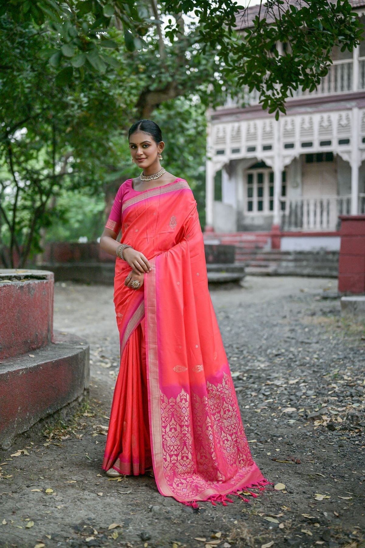 Fiery Rose Orange Banarasi Soft Silk Saree