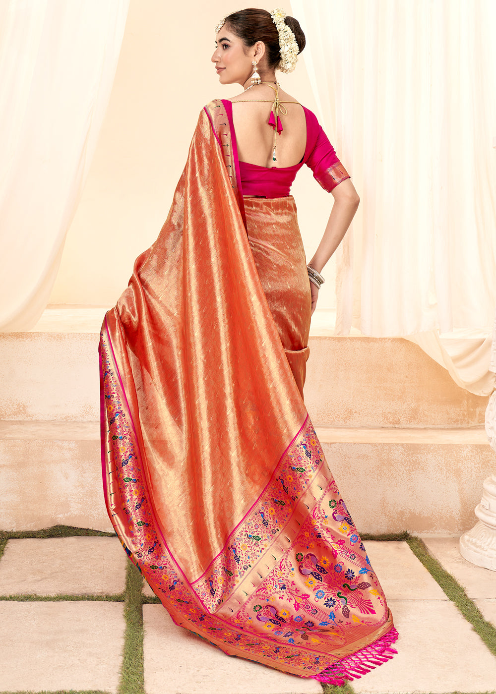 Burnt Sienna Orange Woven Paithani Tissue Silk Saree