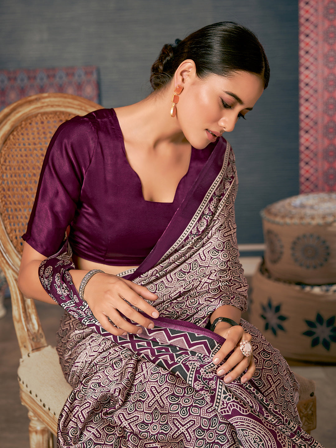 Congo Purple and Grey Digital Printed Ajrakh Satin Crepe Saree