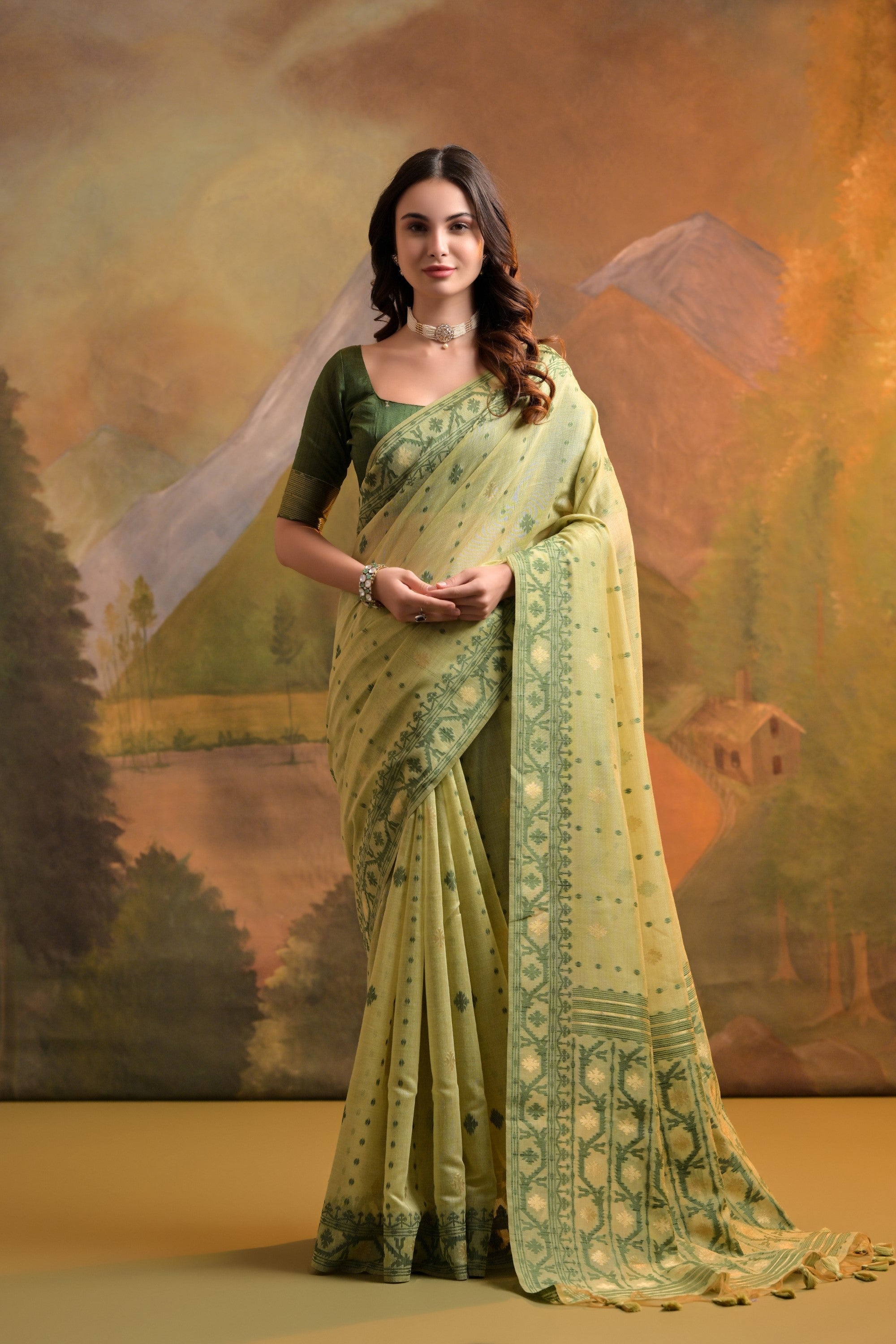 Green Smoke Jamdani Woven Muga Cotton Saree