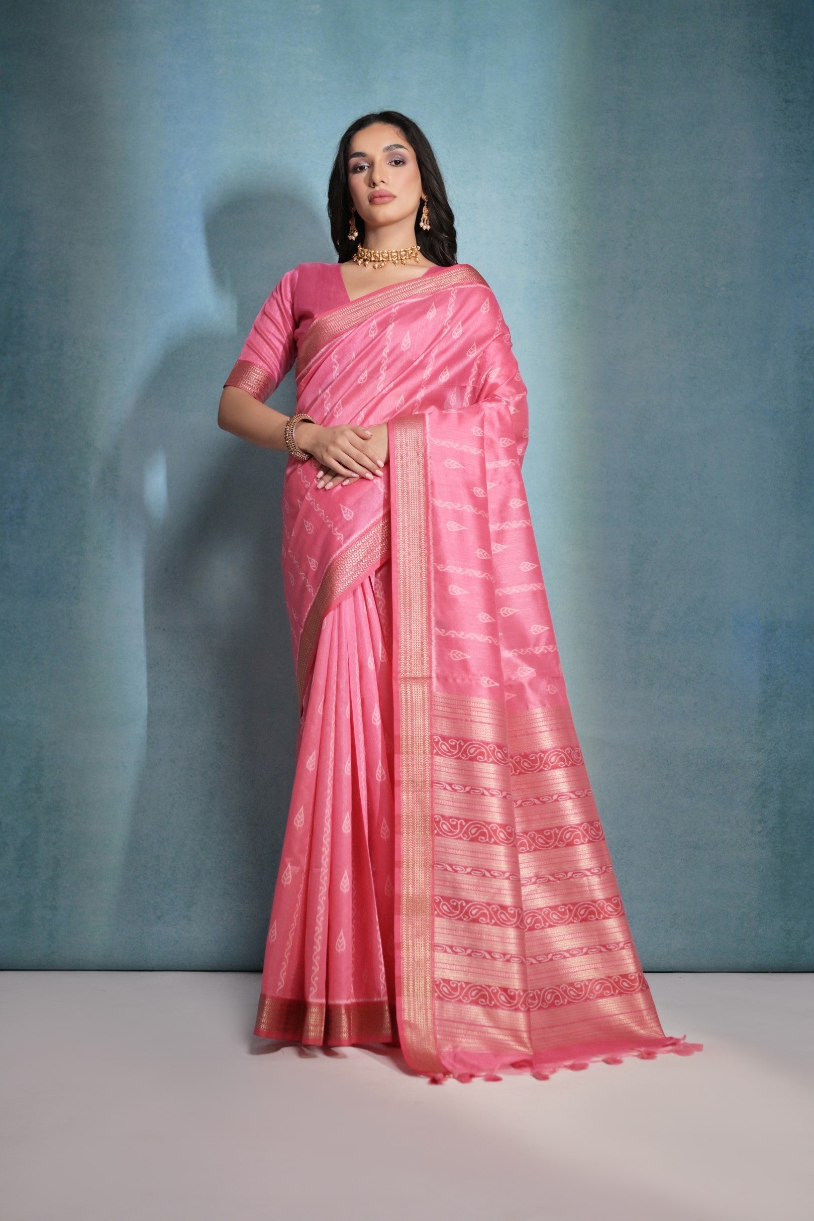 Pink Salmon Ikkat Woven Raw Silk Saree