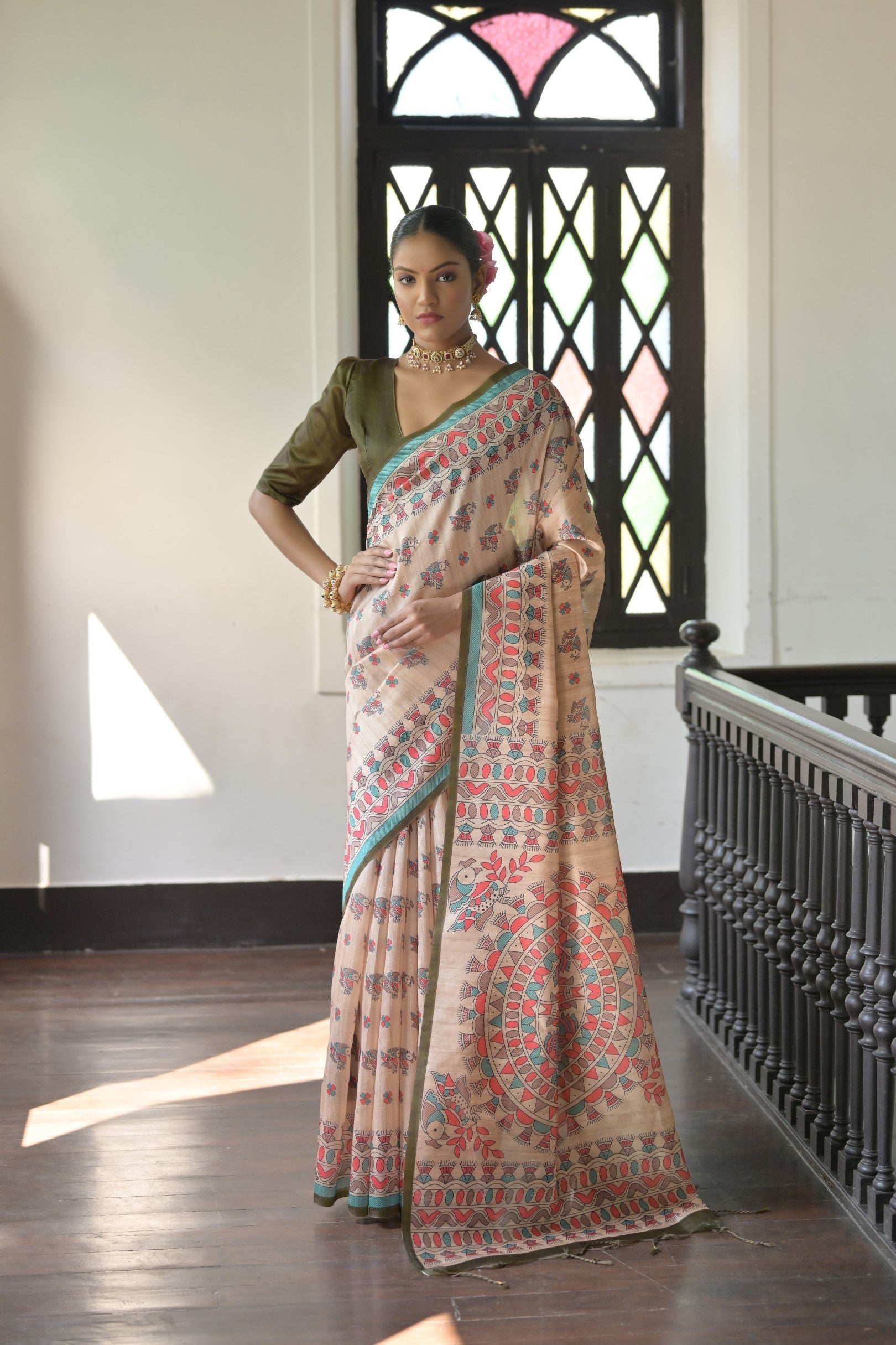 Akaroa Cream and Green Madhubani Printed Tussar Silk Saree