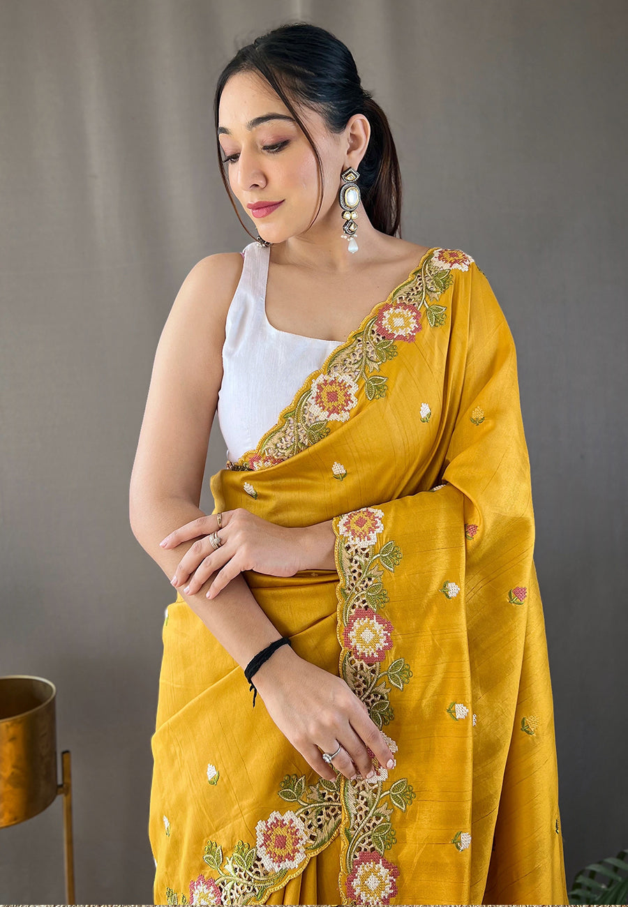 Golden Grass Yellow Embroidered Tussar Silk Saree