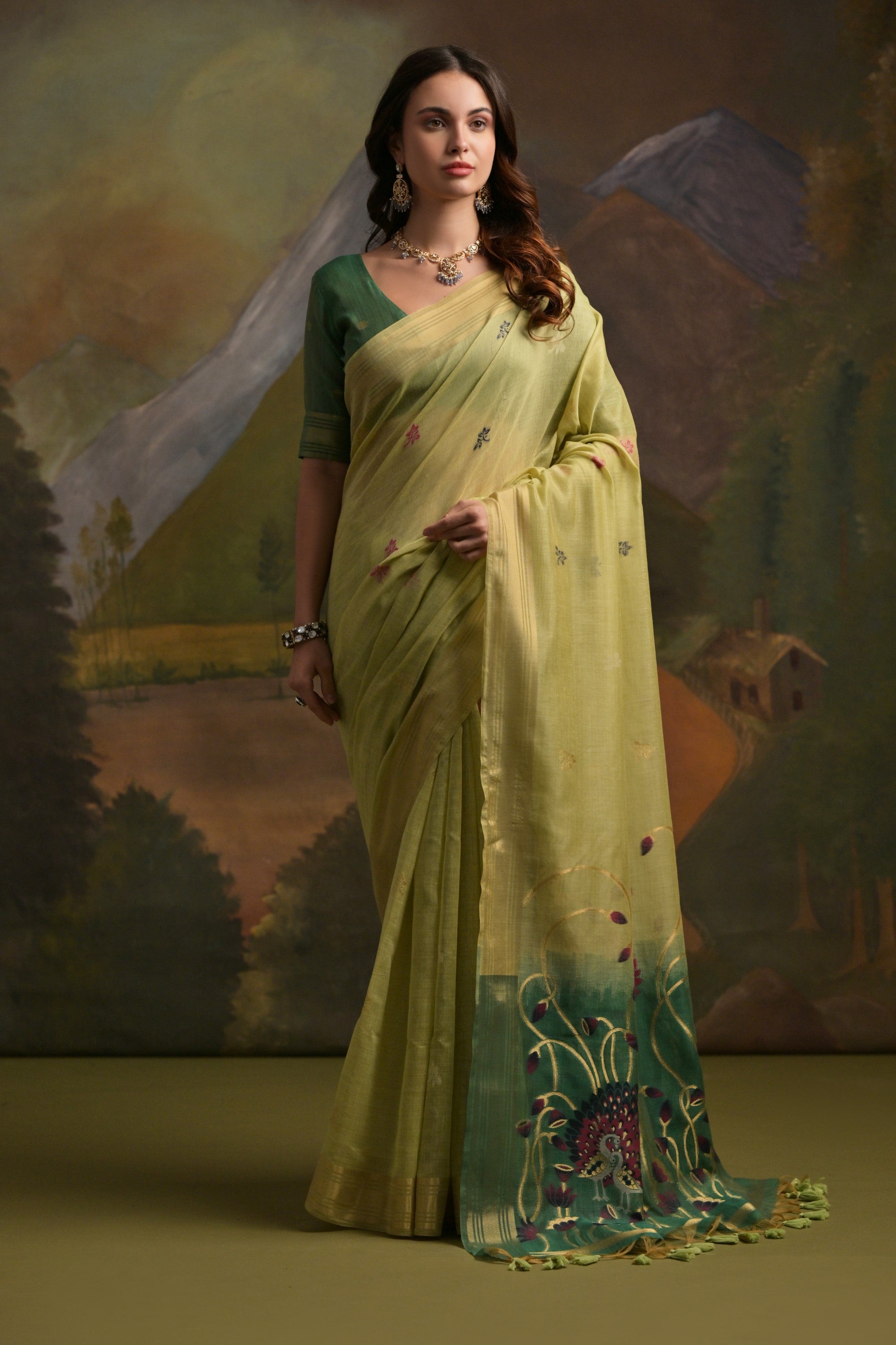 Kelly Green Pichwai Woven Muga Cotton Saree