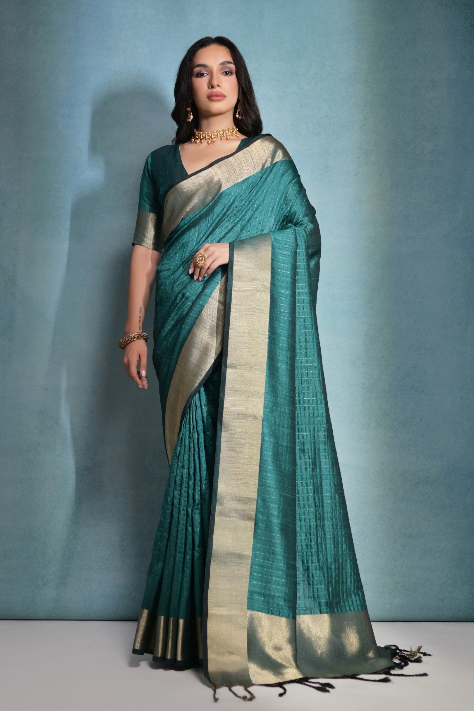 Casal Green Woven Raw Silk Saree