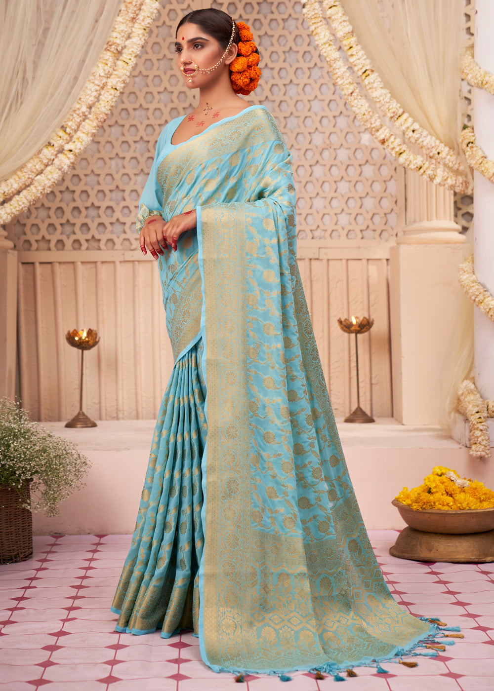 Sea Nymph Blue Woven Georgette Saree