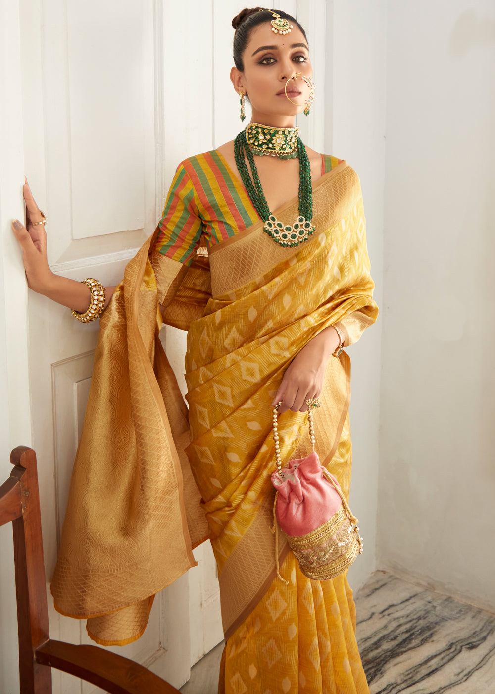 Porsche Yellow Woven Banarasi Organza Silk Saree