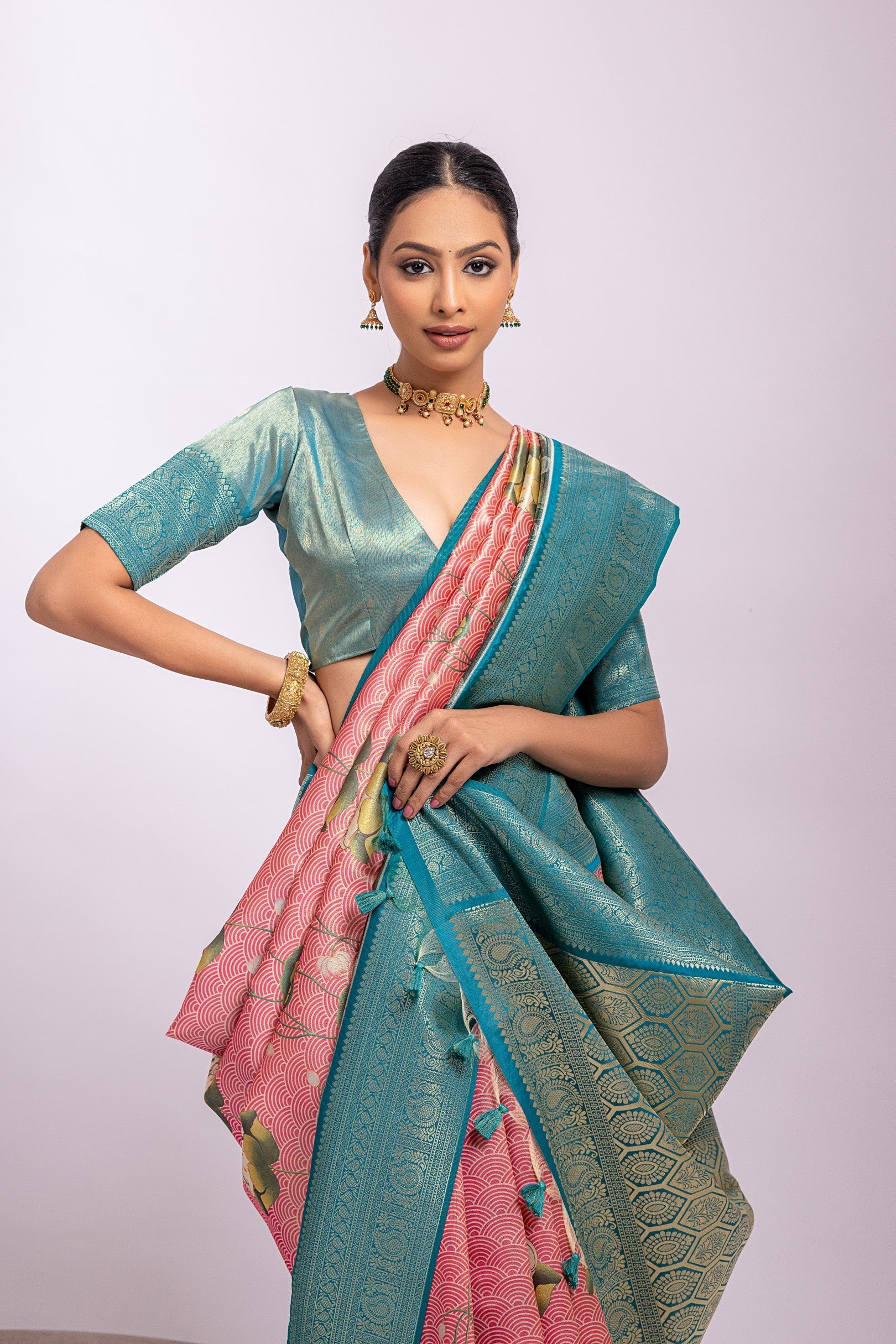 New York Pink Woven Tissue Silk Saree