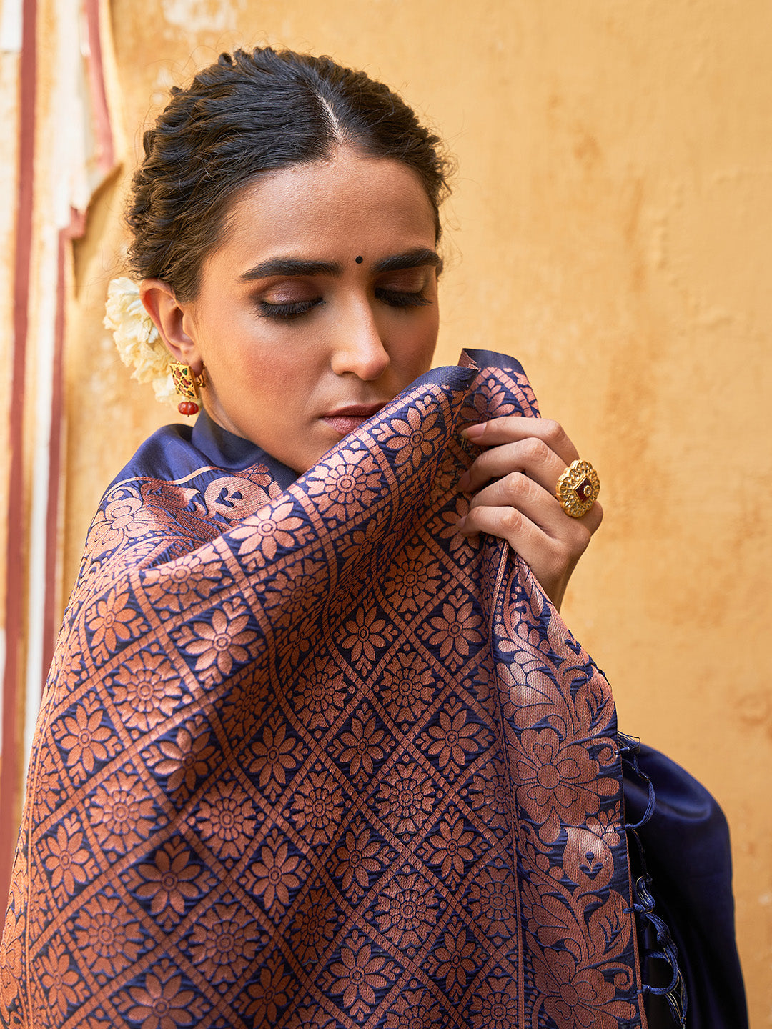 Ocean Blue Pearl Woven Banarasi Silk Saree