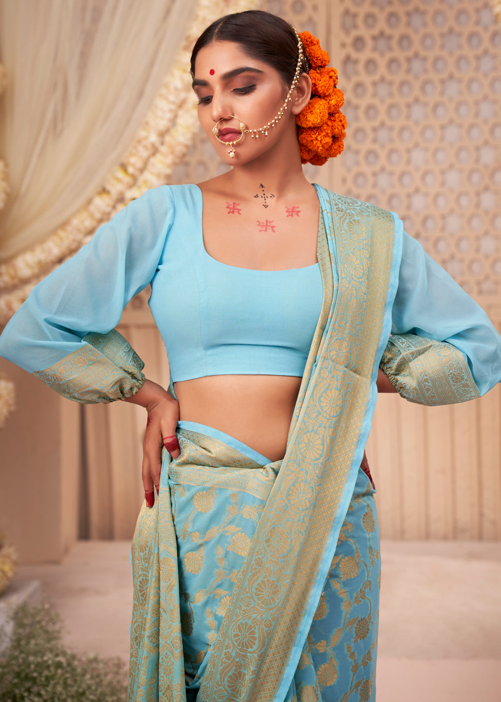 Sea Nymph Blue Woven Georgette Saree