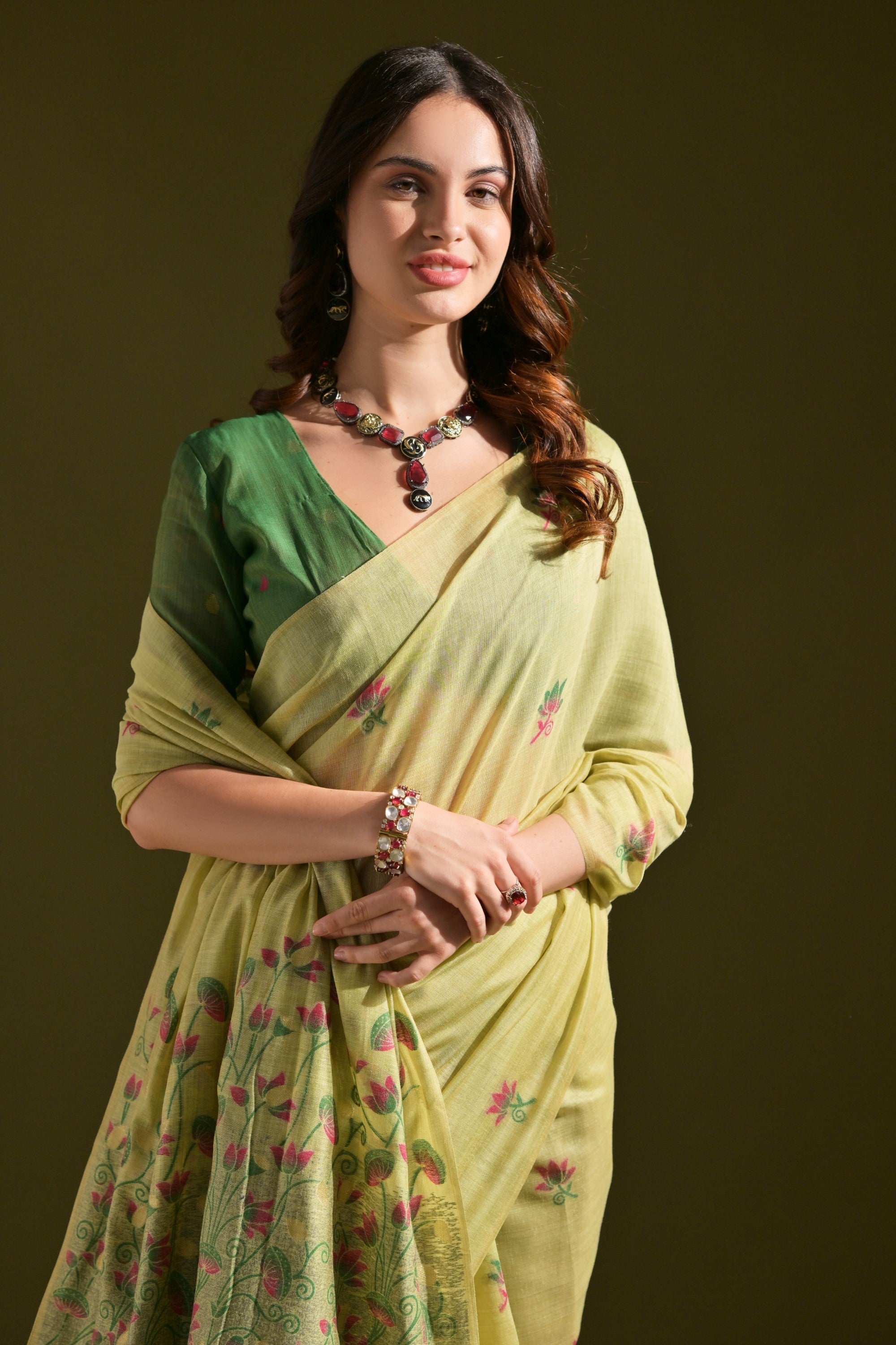 Driftwood Green Meenakari Woven Muga Cotton Saree