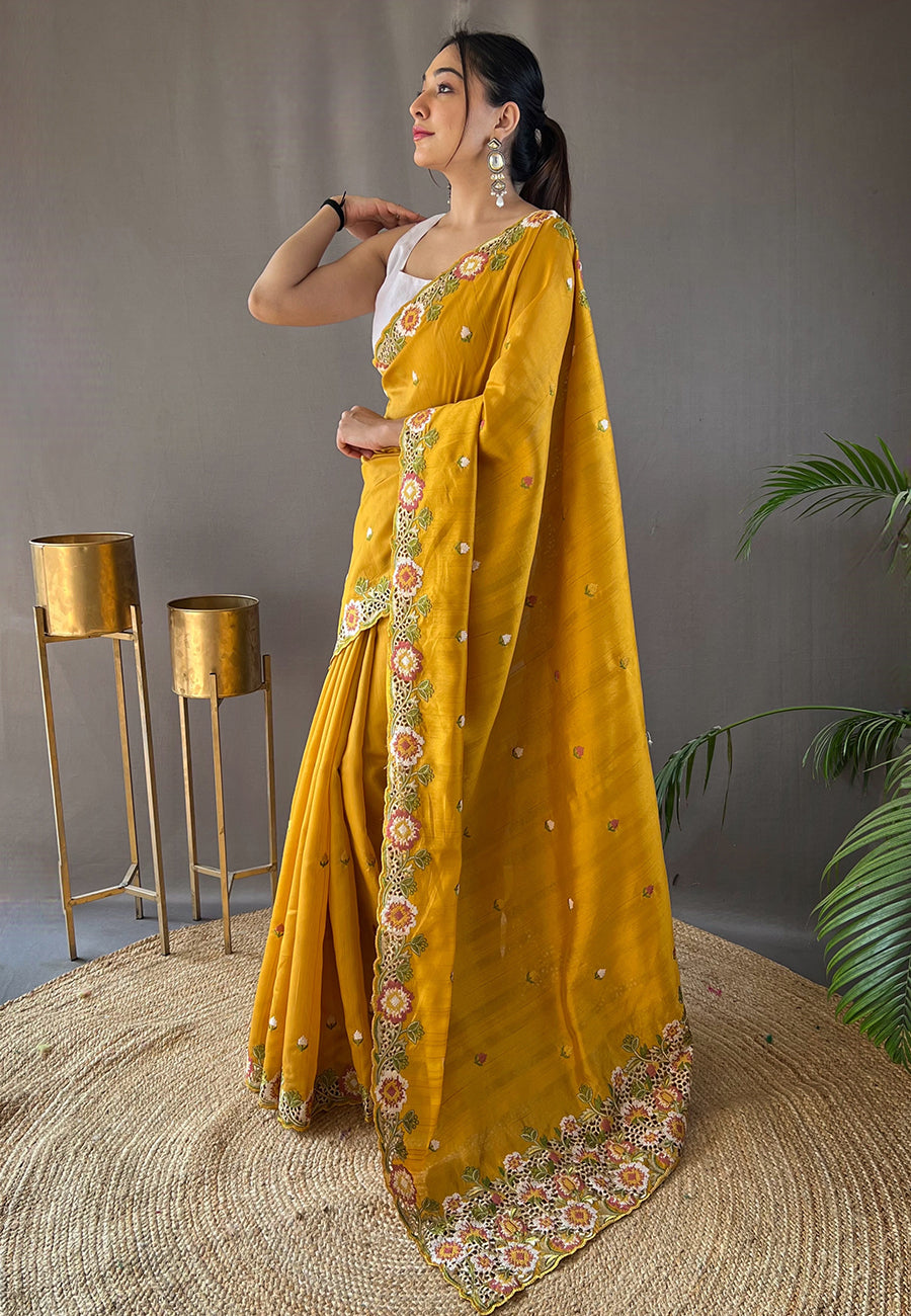 Golden Grass Yellow Embroidered Tussar Silk Saree