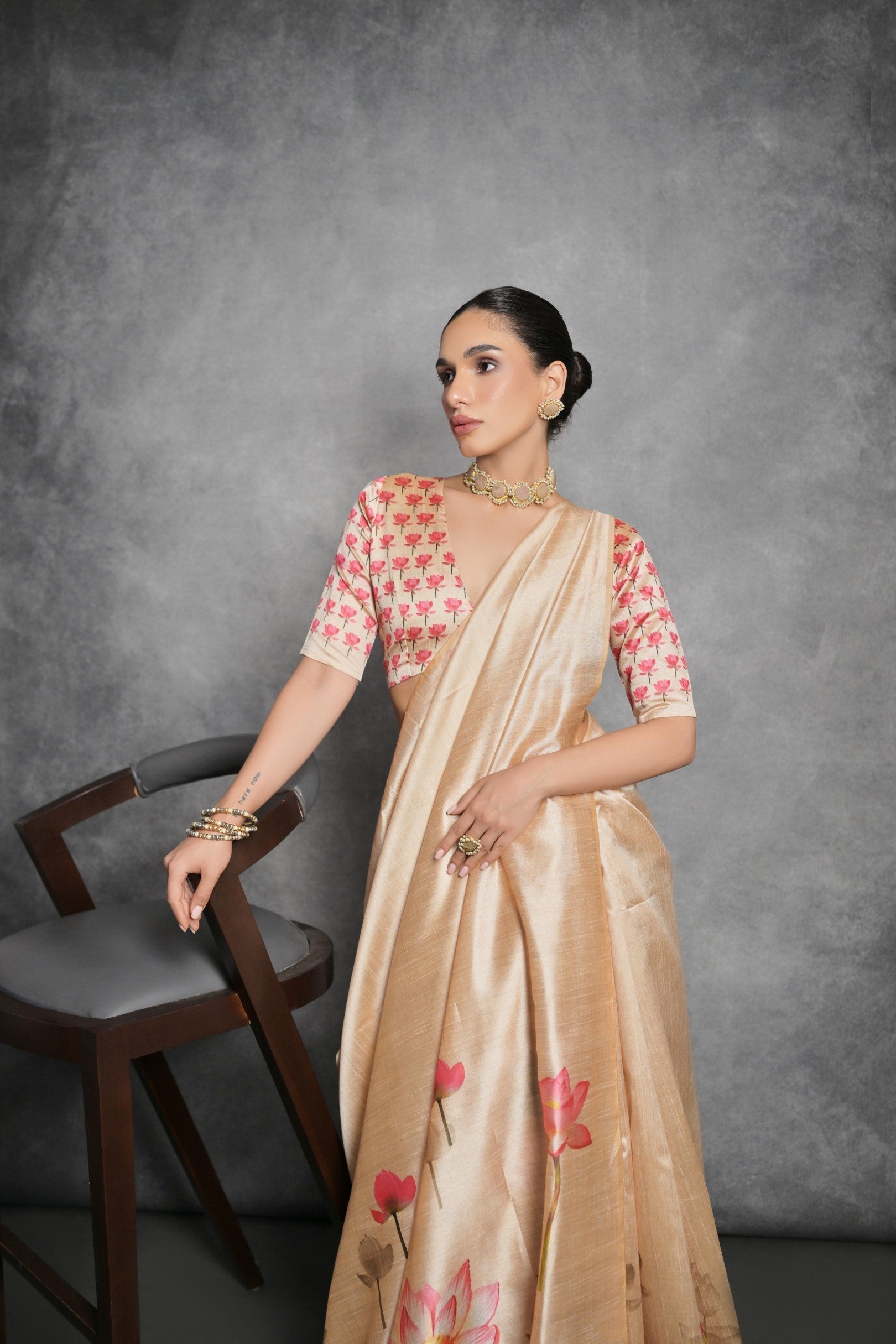 Tan Cream Floral Printed Tussar Silk Saree