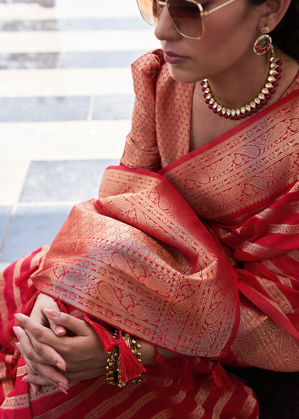 Stiletto Red Woven Lehriya Georgette Saree