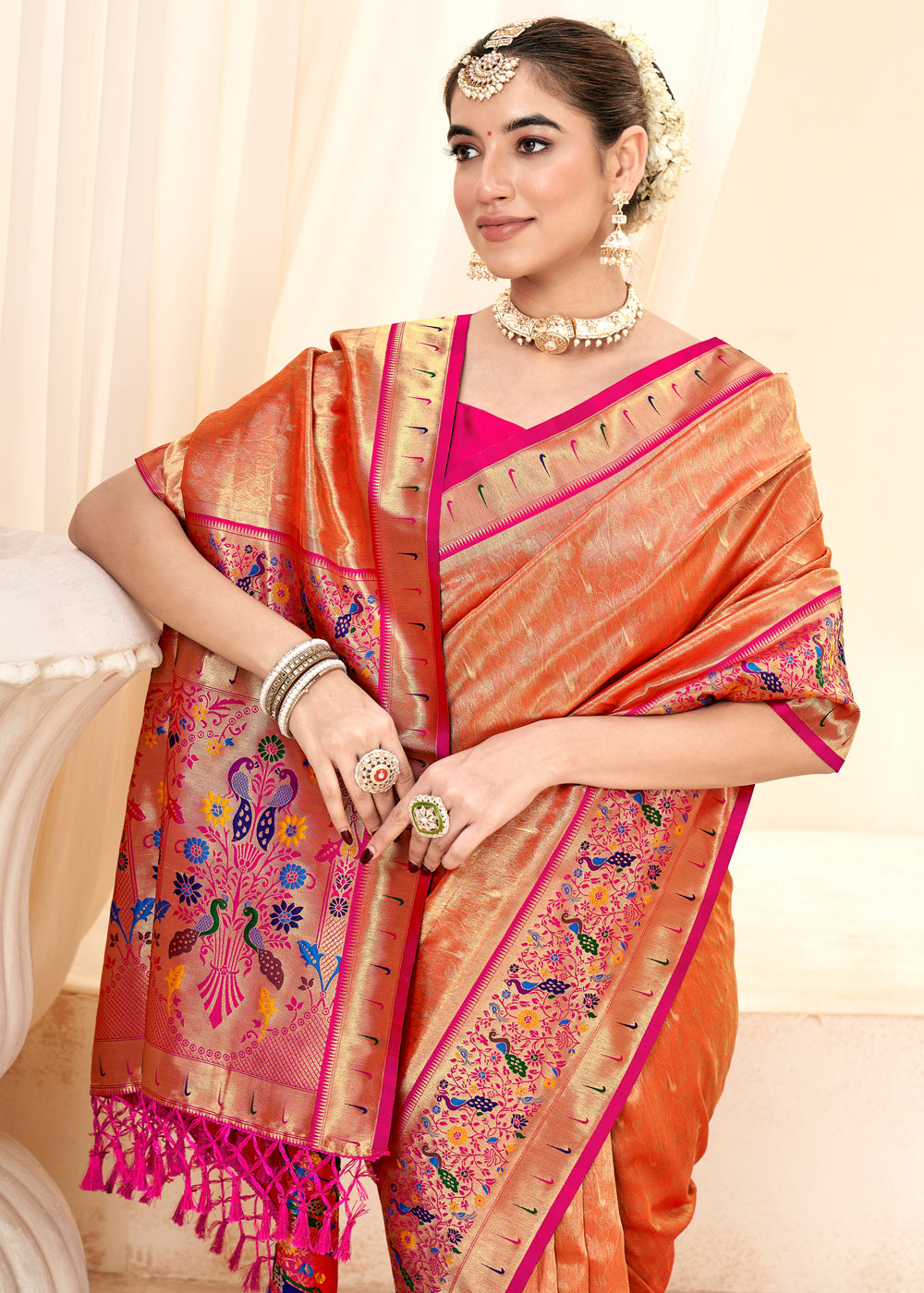 Burnt Sienna Orange Woven Paithani Tissue Silk Saree