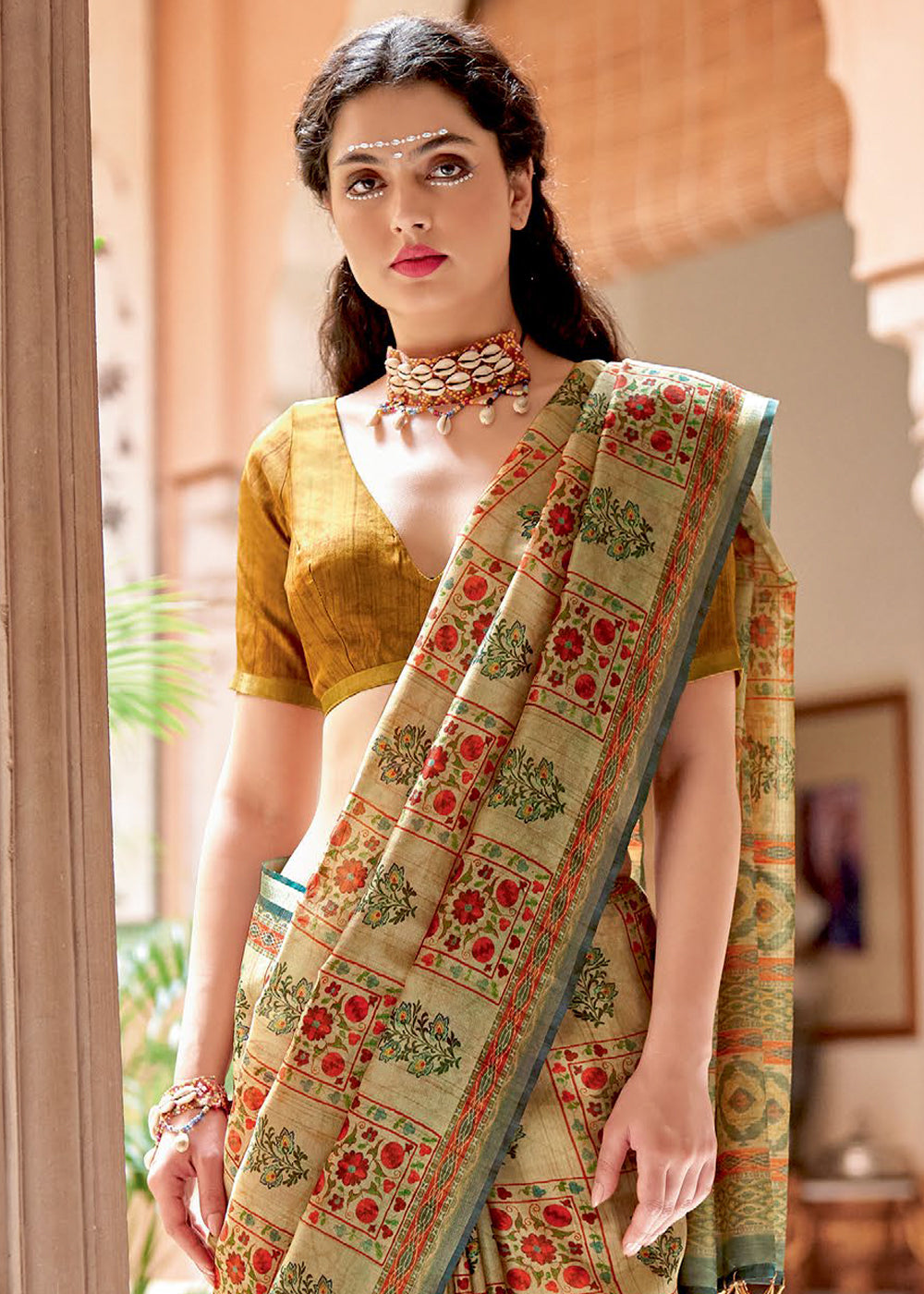 Cape Palliser Brown Banarasi Printed Silk Saree