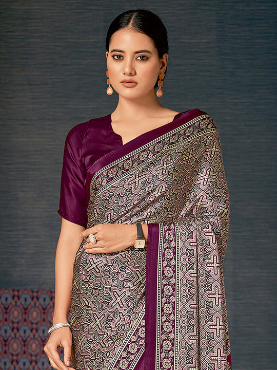 Congo Purple and Grey Digital Printed Ajrakh Satin Crepe Saree