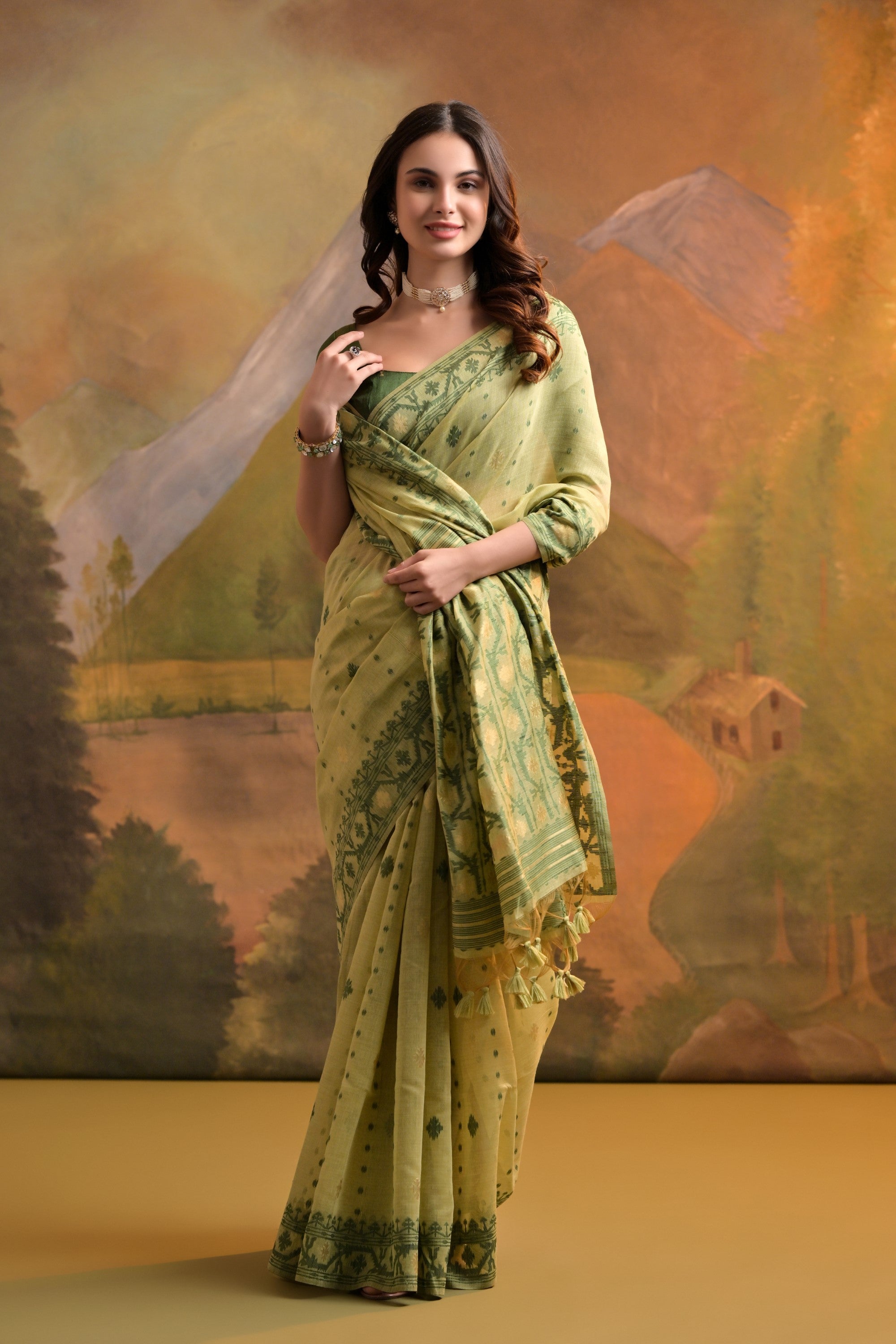 Green Smoke Jamdani Woven Muga Cotton Saree