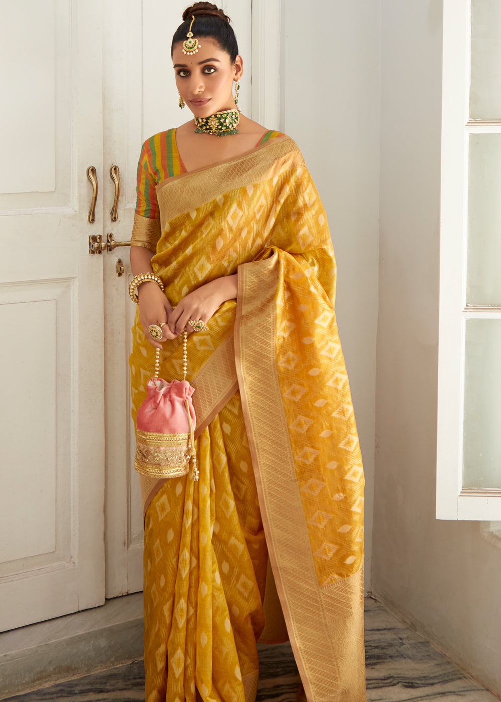 Porsche Yellow Woven Banarasi Organza Silk Saree