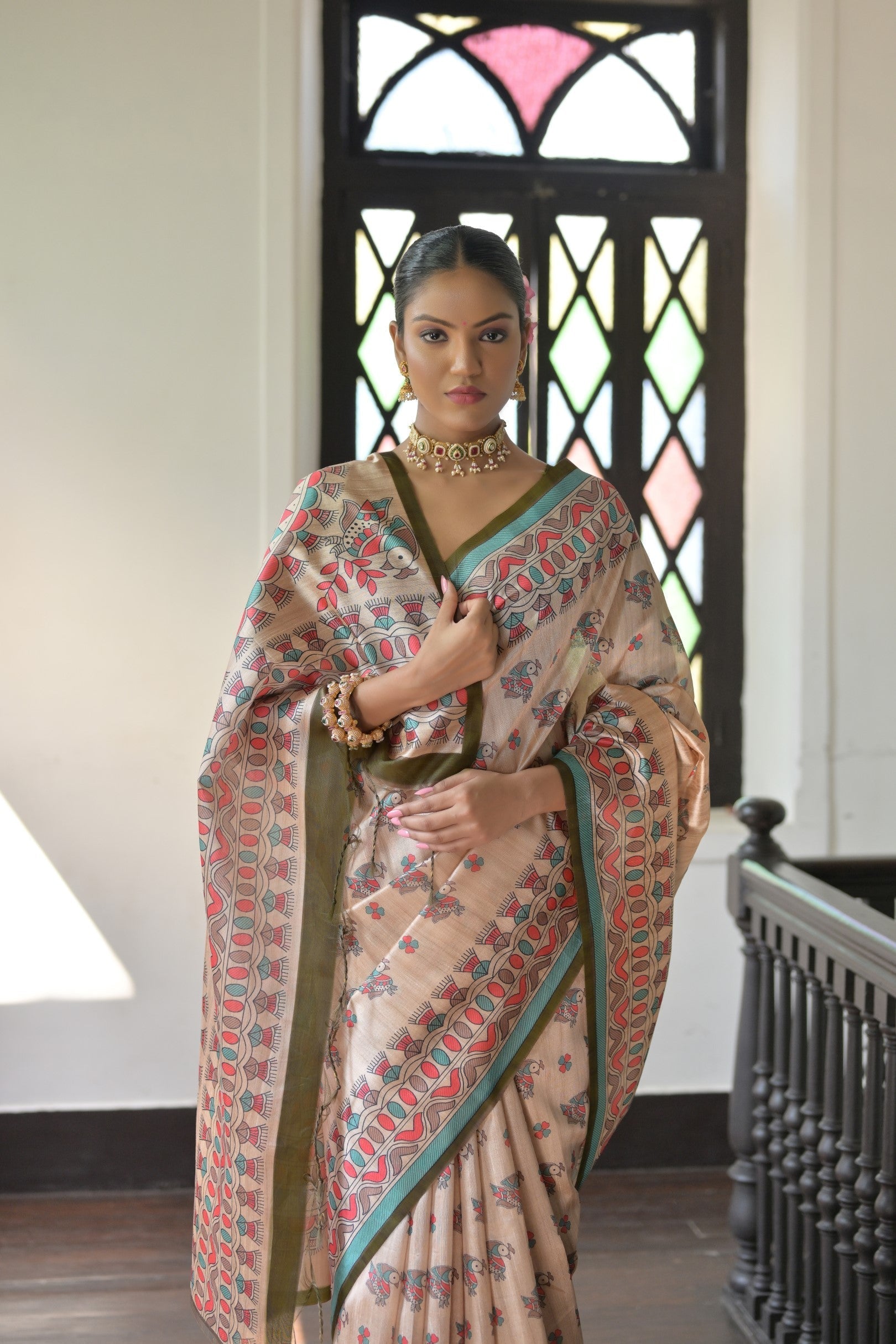 Akaroa Cream and Green Madhubani Printed Tussar Silk Saree