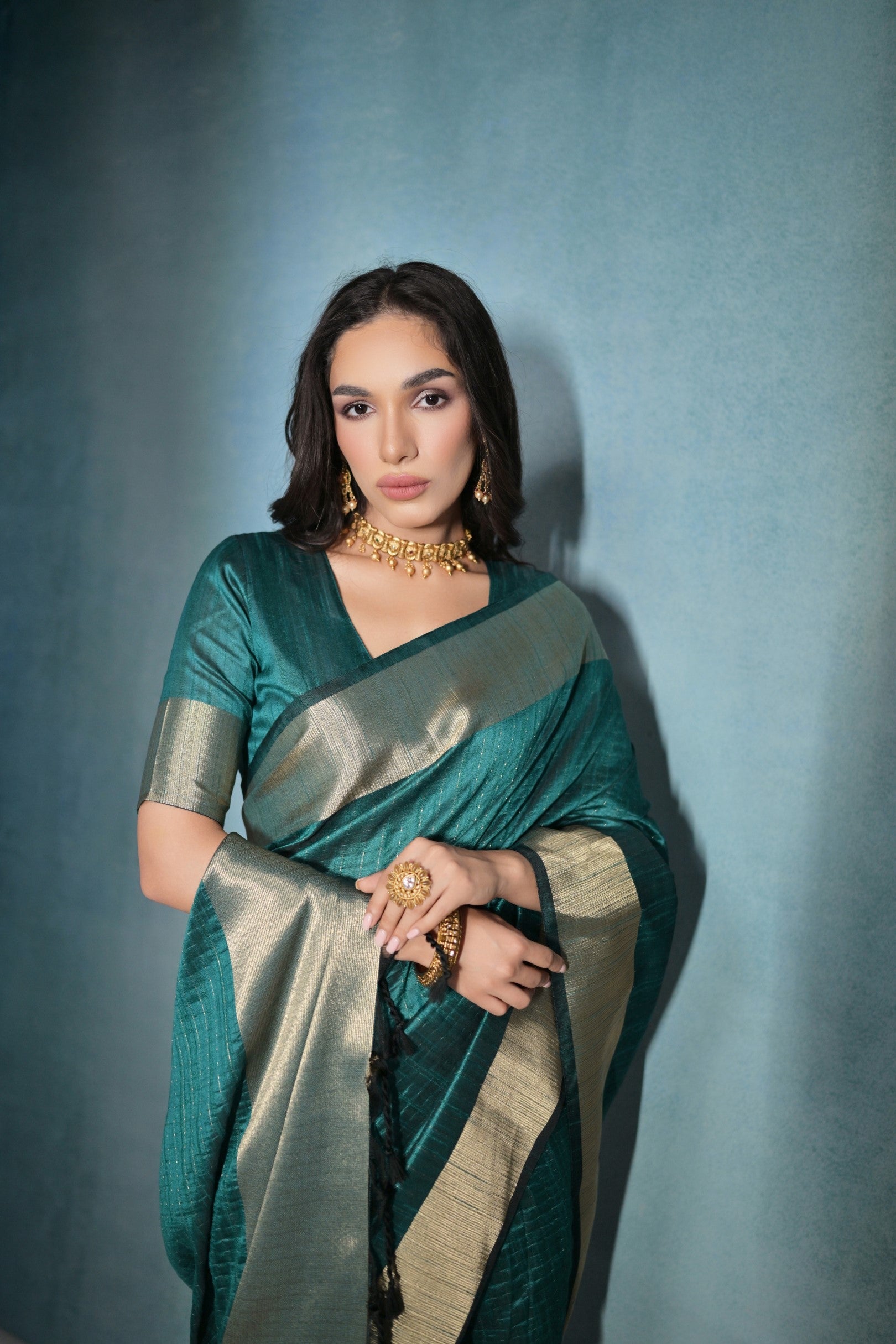 Casal Green Woven Raw Silk Saree