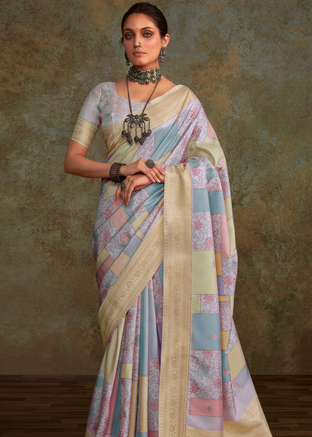 Juniper Blue Shade Digital Printed Soft Silk Saree