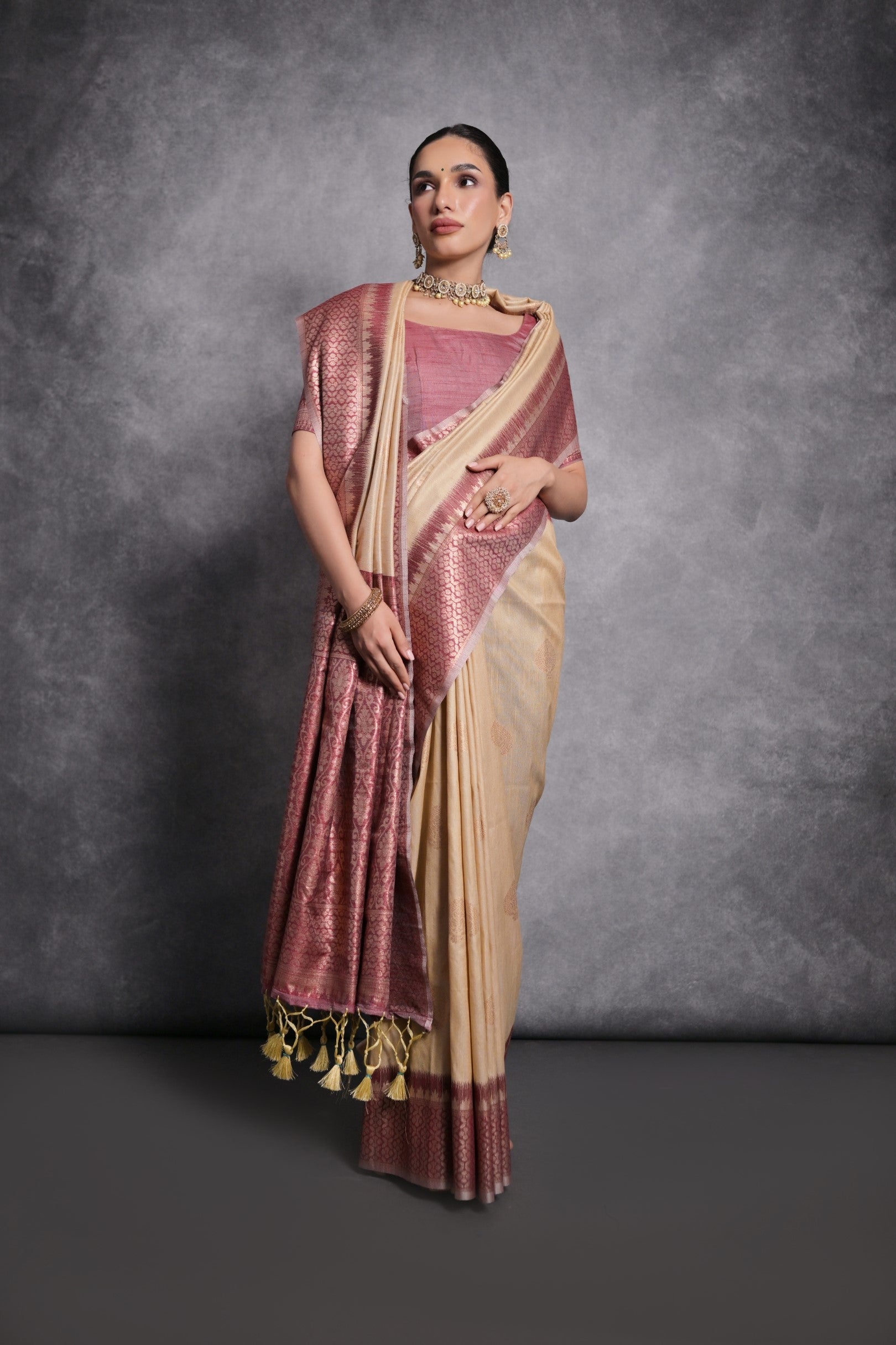 Cameo Cream Tussar Temple Border Silk Saree