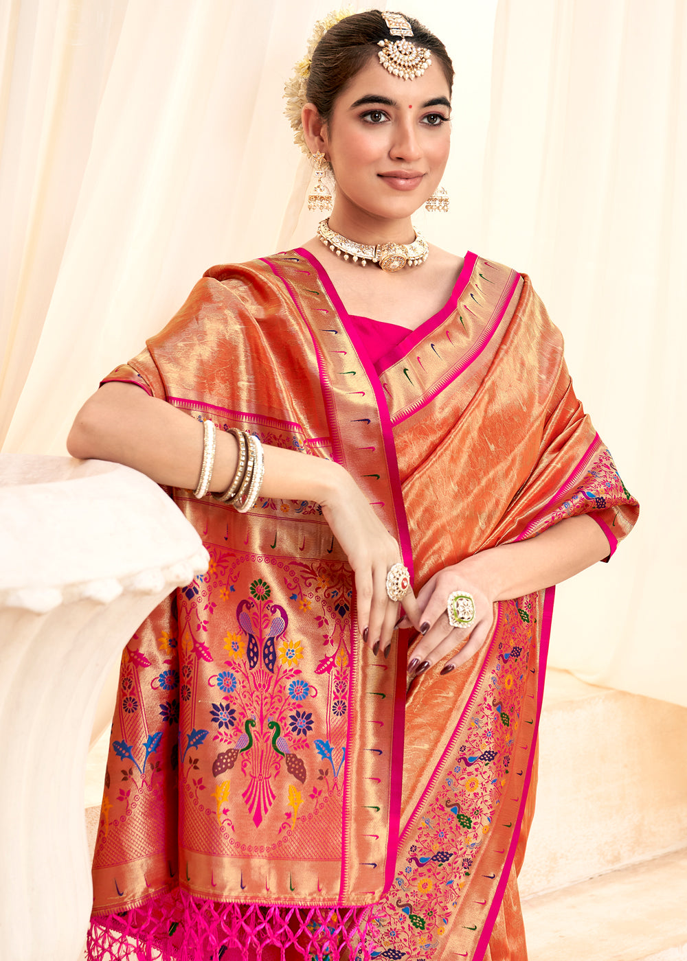 Burnt Sienna Orange Woven Paithani Tissue Silk Saree