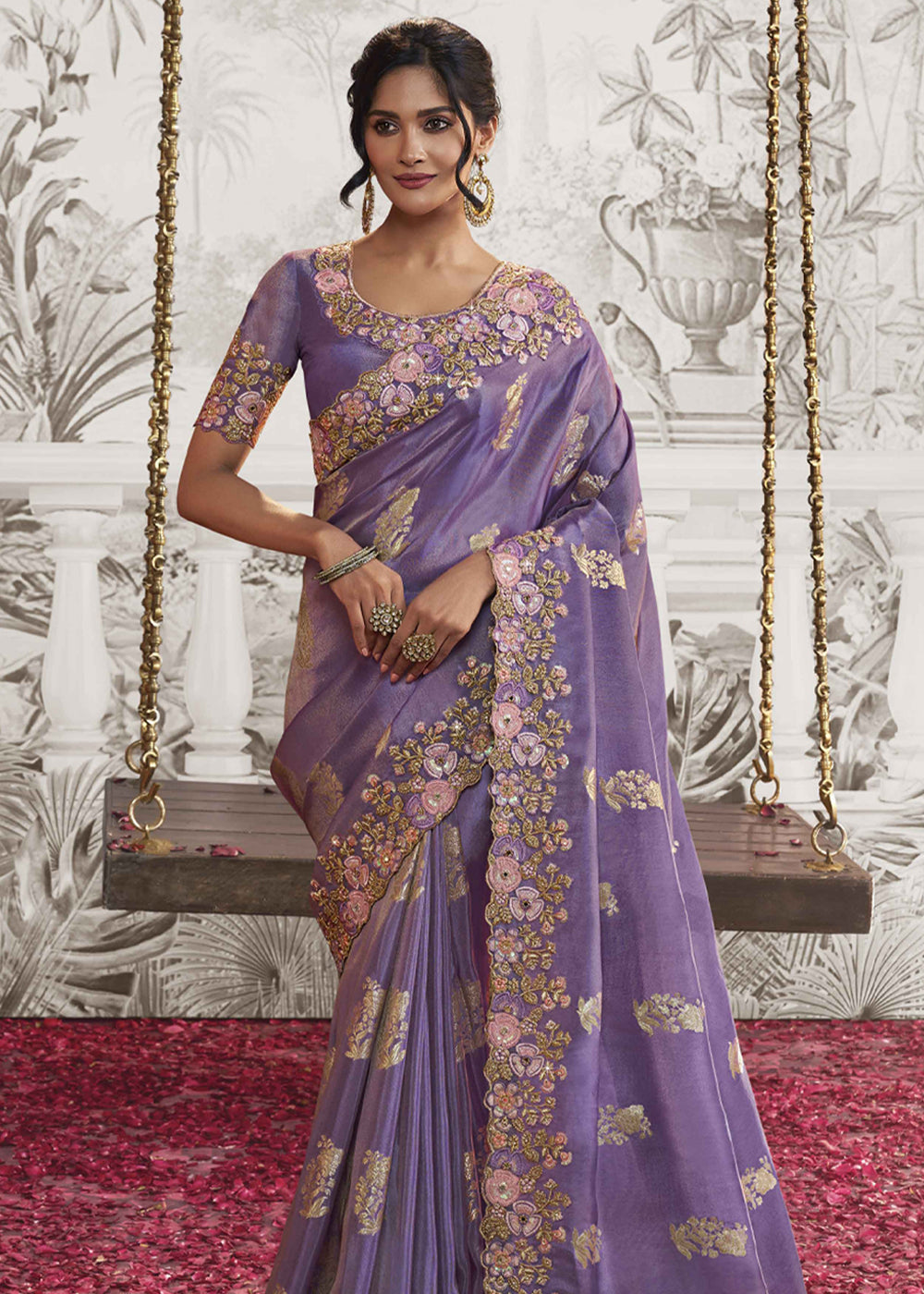 Amethyst Purple Embroidered Designer Silk Saree